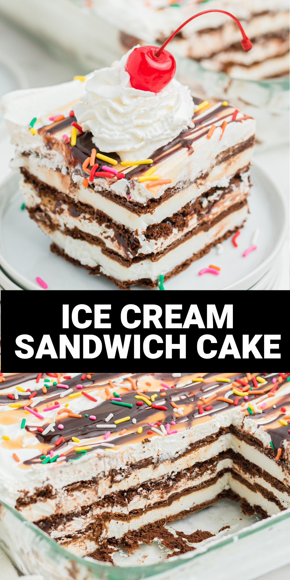This ice cream sandwich cake is such an easy and fun dessert that's perfect for summer! It only takes 5 ingredients and about 5 minutes to whip up this creamy chocolate and vanilla frozen ice cream dessert that's absolutely delicious!