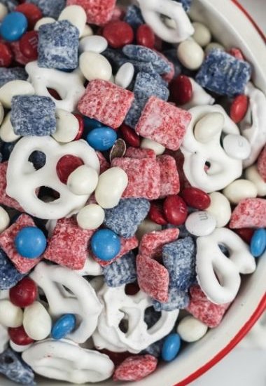 white pretzels with red and blue coated cereal and red, white, and blue M&Ms