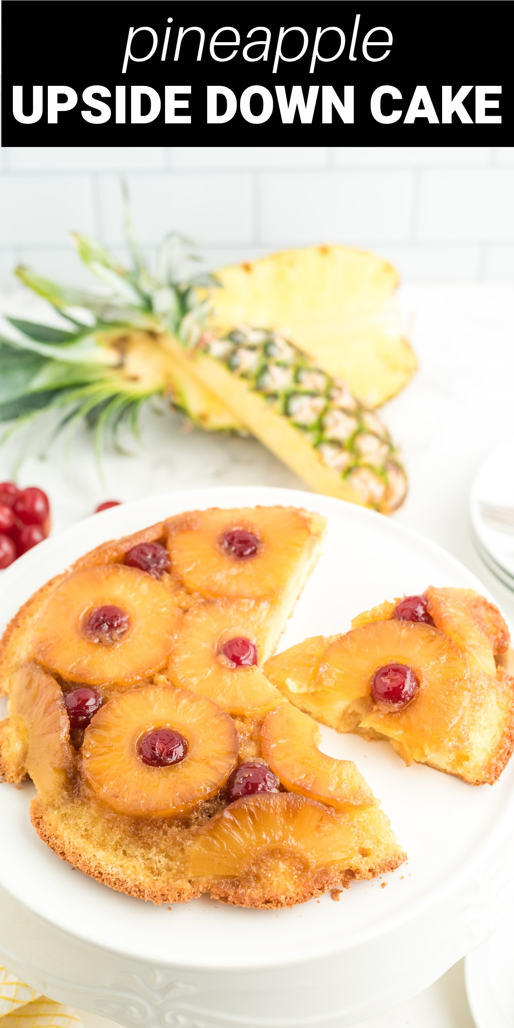 Pineapple Upside Down Cake is a buttery golden cake baked on top of a layer of caramelized brown sugar with the sweetness of pineapples and maraschino cherries. It's flipped over before serving to reveal the beautiful pineapple rings with bright red cherries in the middle.