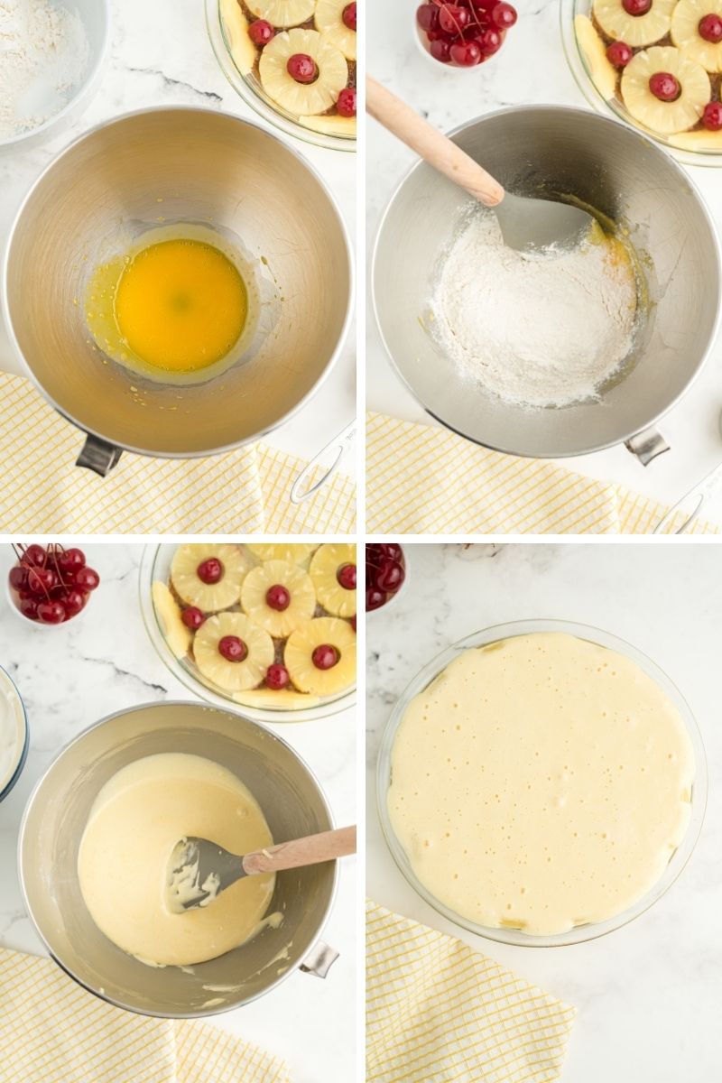 steps: beat the egg yolks, add the dry ingredients, mix together, and pour on top of pineapples. 