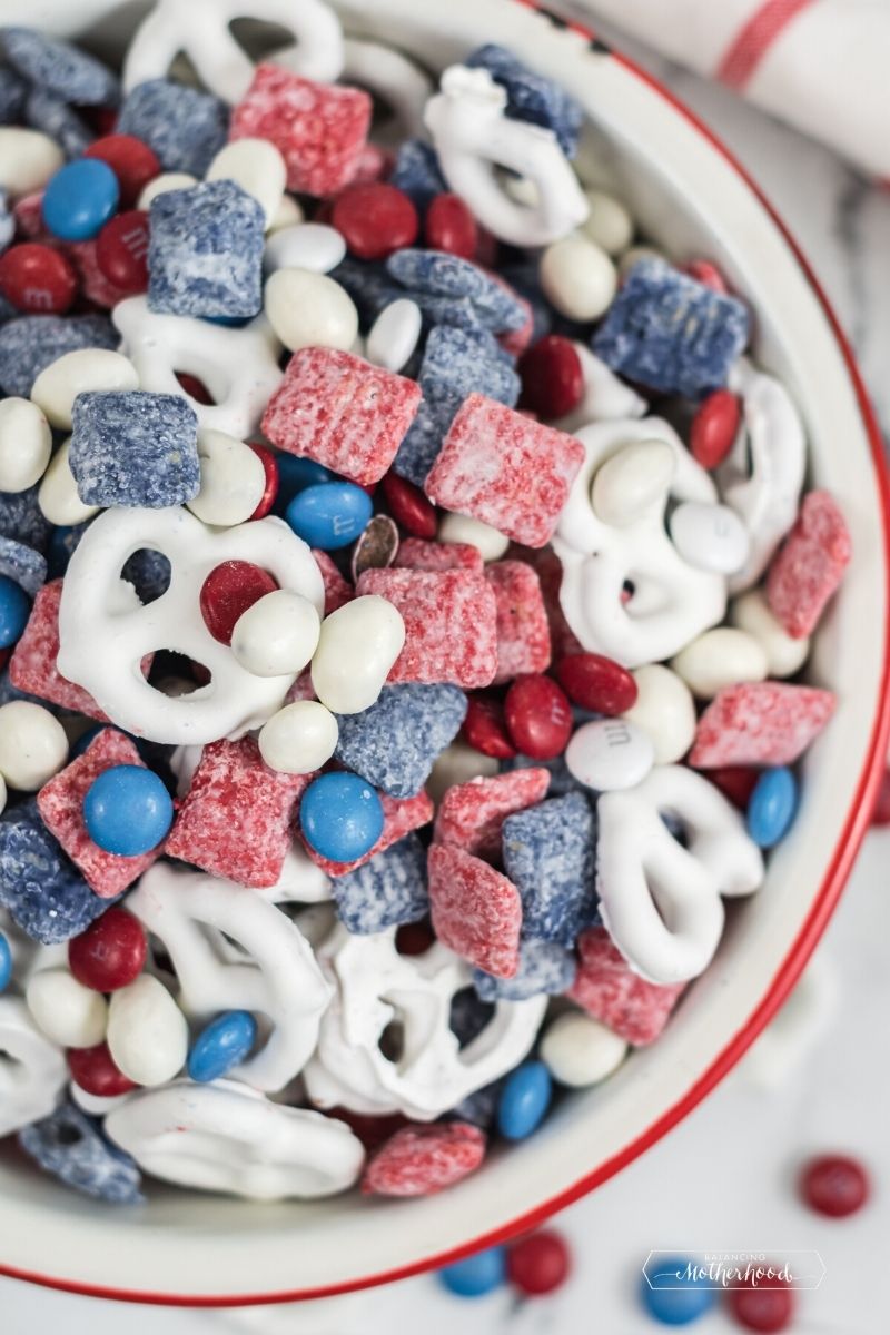 white pretzels with red and blue coated cereal and red, white, and blue M&Ms