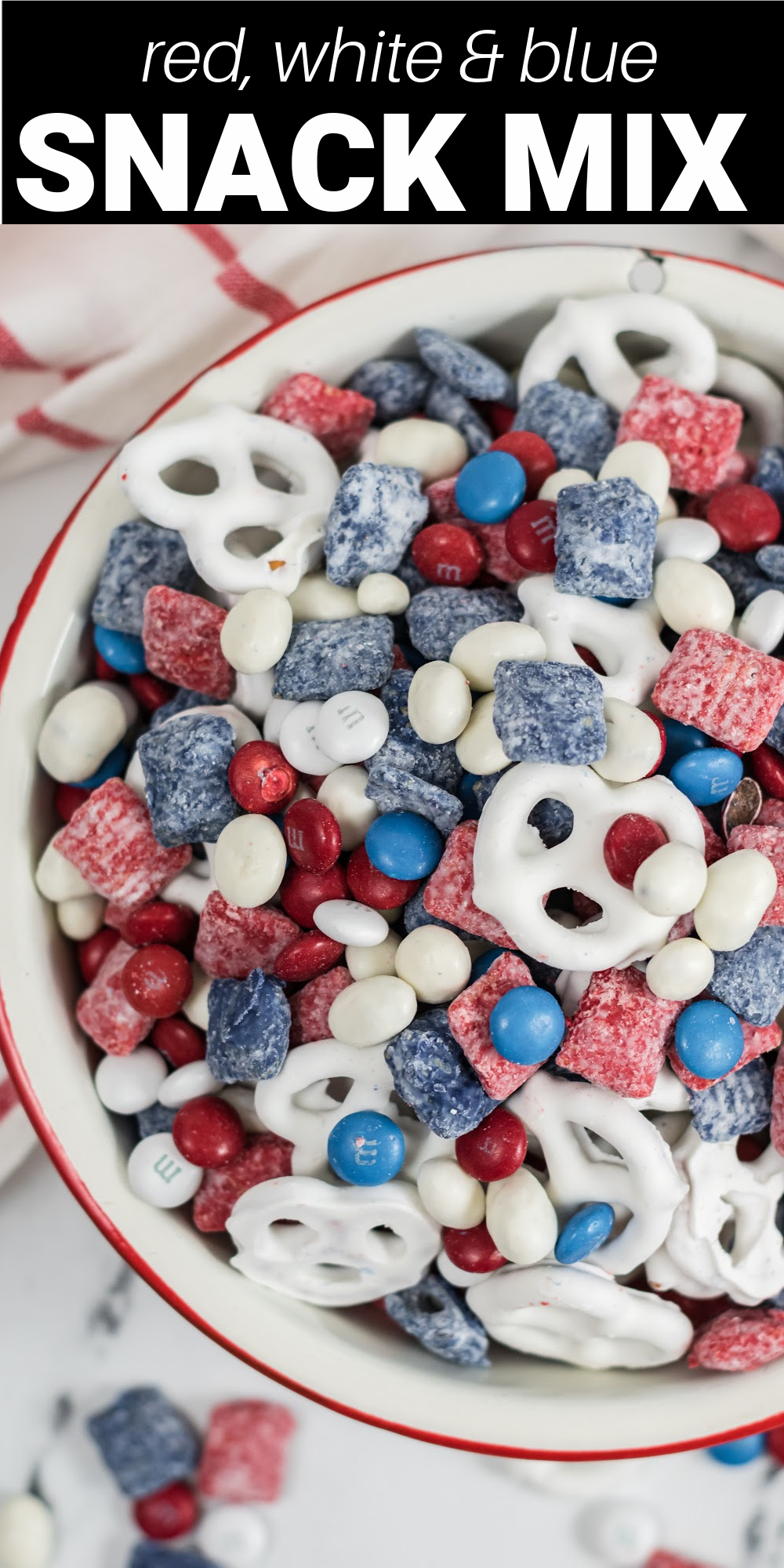 Red, white, and blue snack mix is an addictive sweet and salty treat perfect for summer snacking! It's a fun dish to bring to a potluck, picnic, or gathering for Memorial Day, Fourth of July, and Labor Day! 