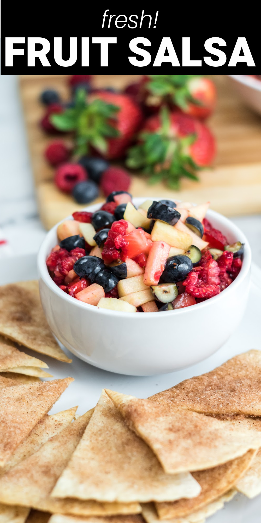 This simple fruit salsa with cinnamon chips is the perfect summer treat. Not only does it use fresh berries but it also pairs it up perfectly with crunchy and sweet cinnamon chips. It's make a wonderful healthy appetizer or fresh dessert.