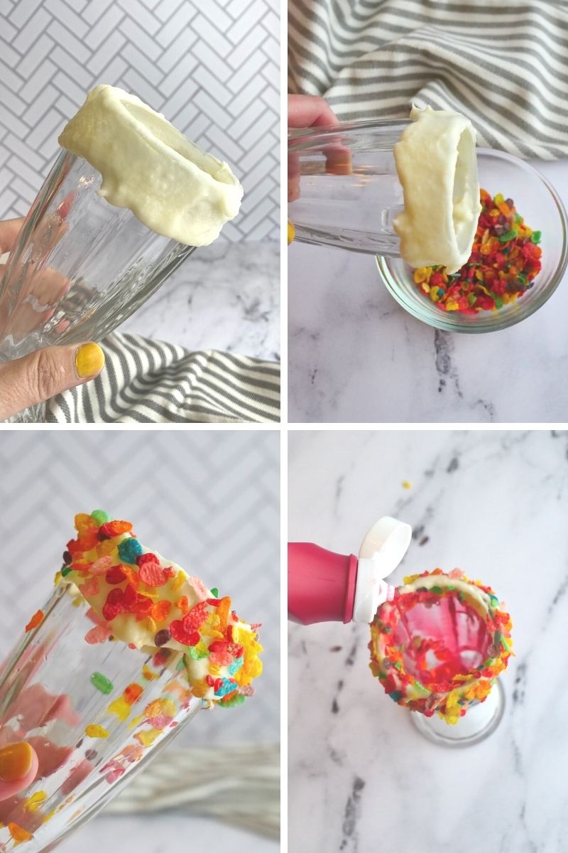 four photos: glass with frosting around rim: dipping rim into Fruity Pebbles; rim with rainbow-colored Fruit Pebbles on it; pouring strawberry syrup into milkshake glass
