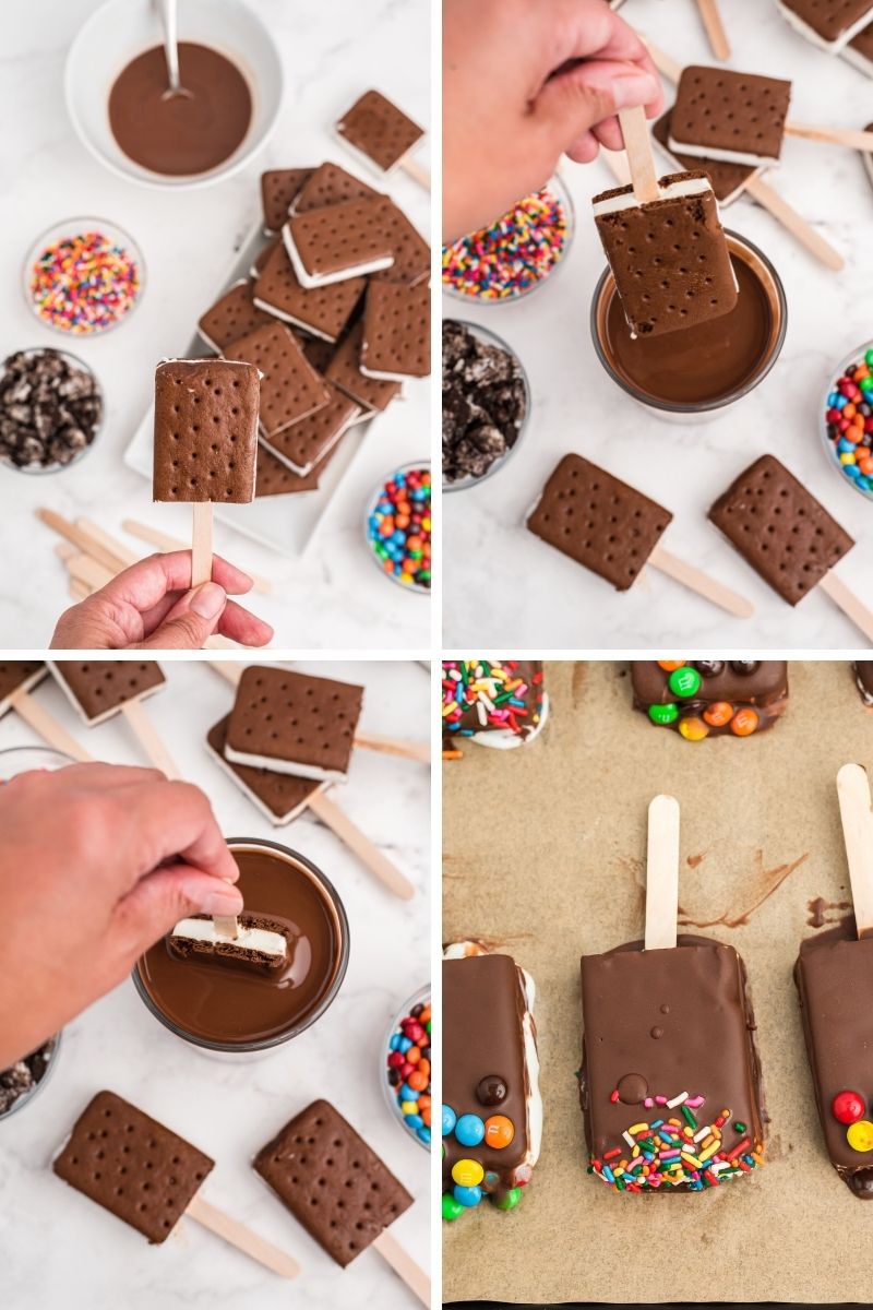 four photos: popsicle stick in half an ice cream sandwich; dip into melted chocolate; submerge ice cream sandwich in chocolate; sandwiches covered in chocolate with sprinkles on parchment