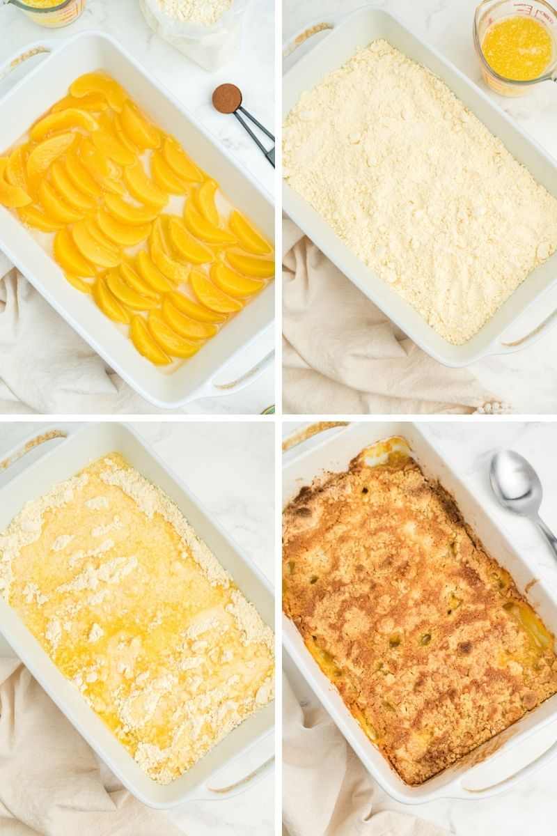 four photos in white casserole dish: peaches on bottom; cake mix layer; butter layer; cooked dump cake