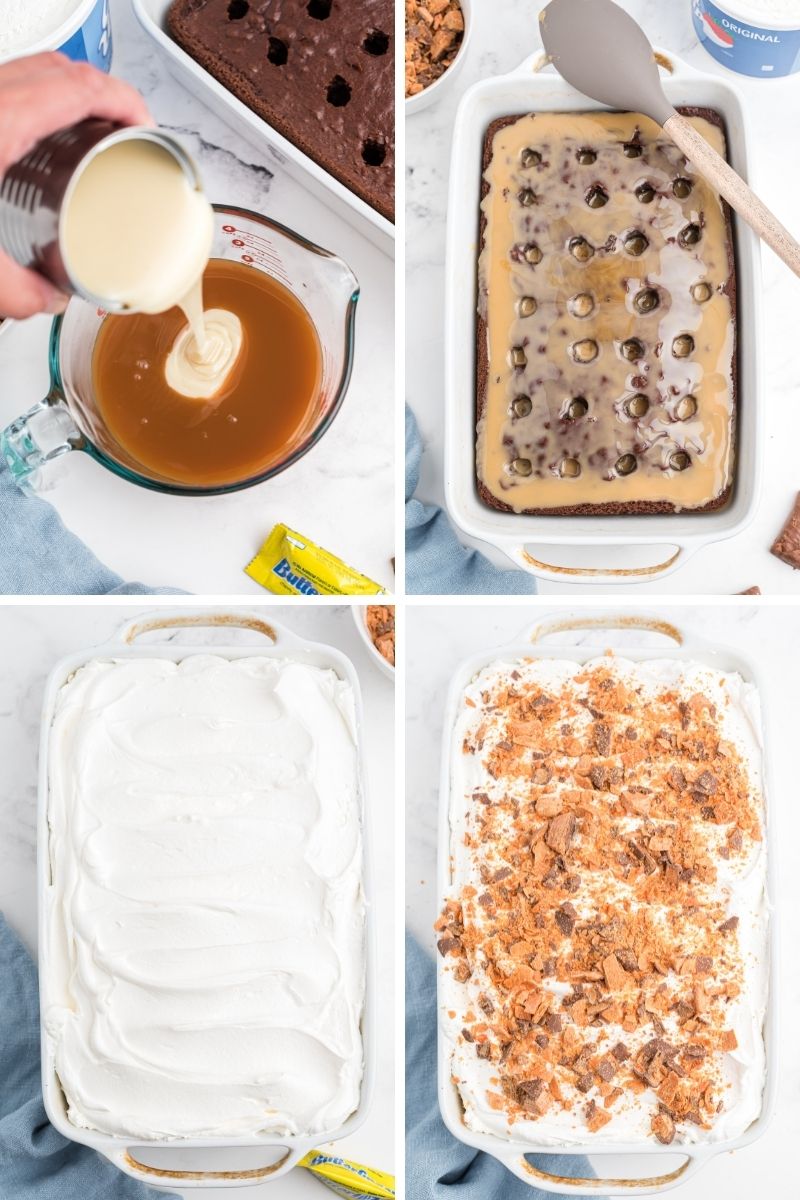 four photos: pouring condensed milk into caramel sauce; poke cake with caramel sauce poured on top; layer with whipped cream; topped with crushed Butterfinger candies