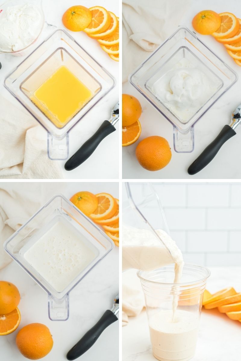 four process photos: blender with orange juice, then add ice cream, ice cream and orange juice mixed together, pouring ice cream mixture into clear plastic cup
