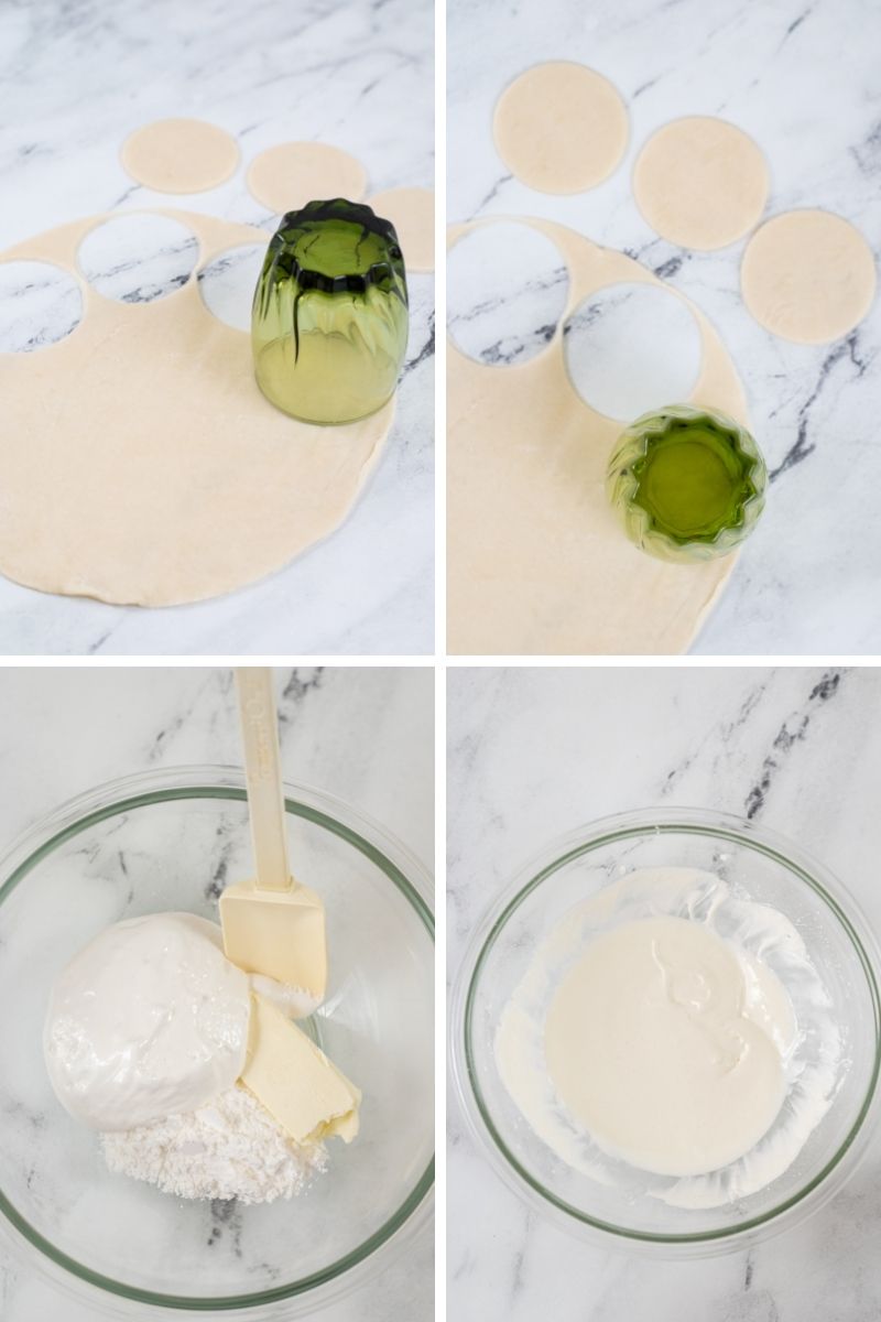 four images: green glass pressing into rolled out pie crust; cut out pie crust circles with green glass; mixing bowl with cream cheese, powdered sugar, butter; all mixed together 