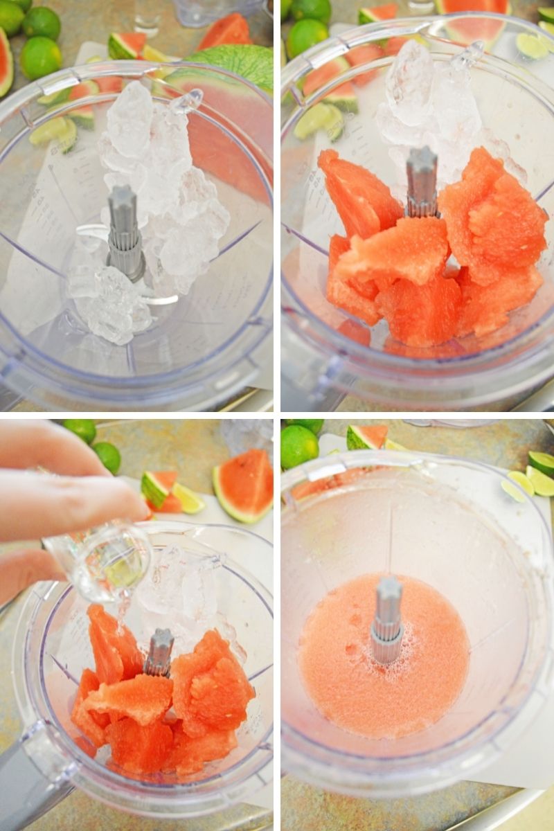four photos of blender: ice, ice and watermelon cubes, pouring tequila, mixed together