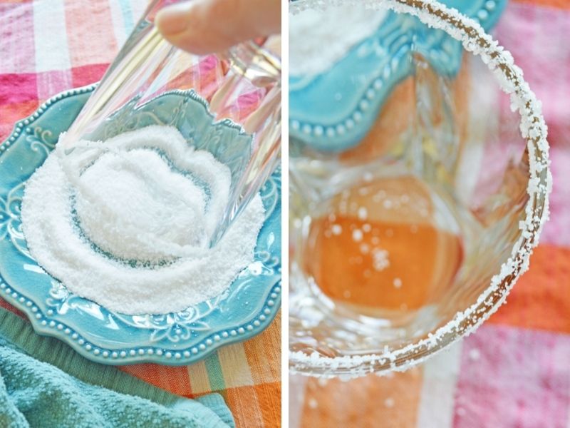 two photos: blue plate with salt and glass being dipped into salt; glass rimmed with salt
