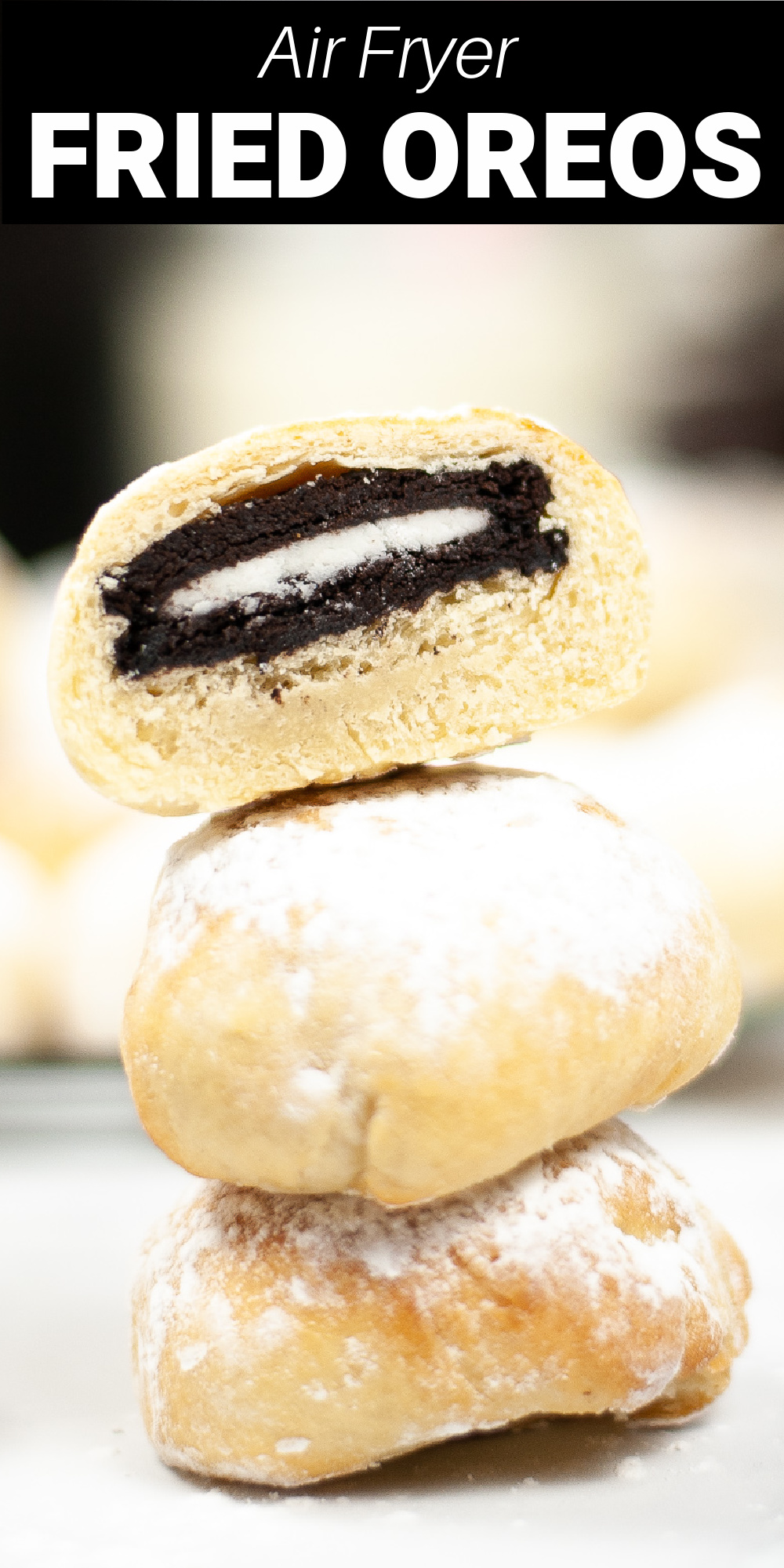 Air fried Oreos are an easy take on the classic fried Oreos you find at the fair! Oreos are dipped in a sweet batter then air fried and dusted with powdered sugar.