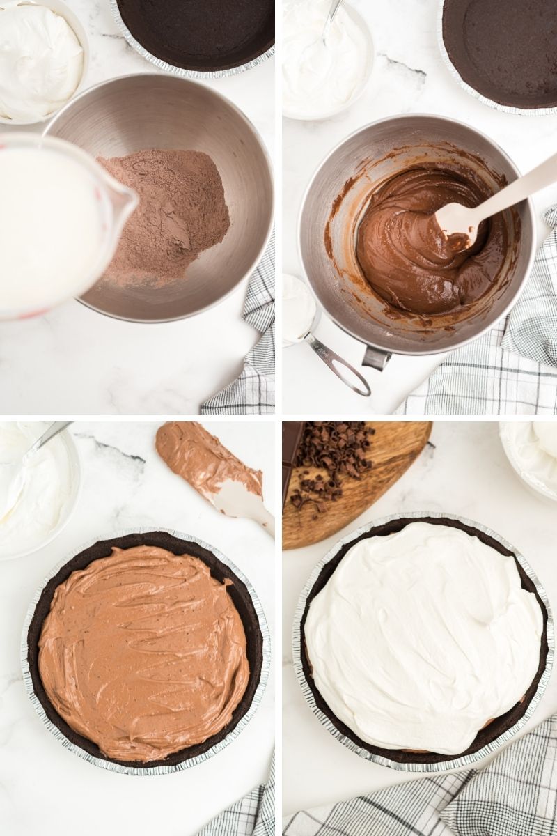 four photos: pouring milk into mixing bowl; stirring chocolate pudding; pudding in Oreo crust; topped with Cool Whip