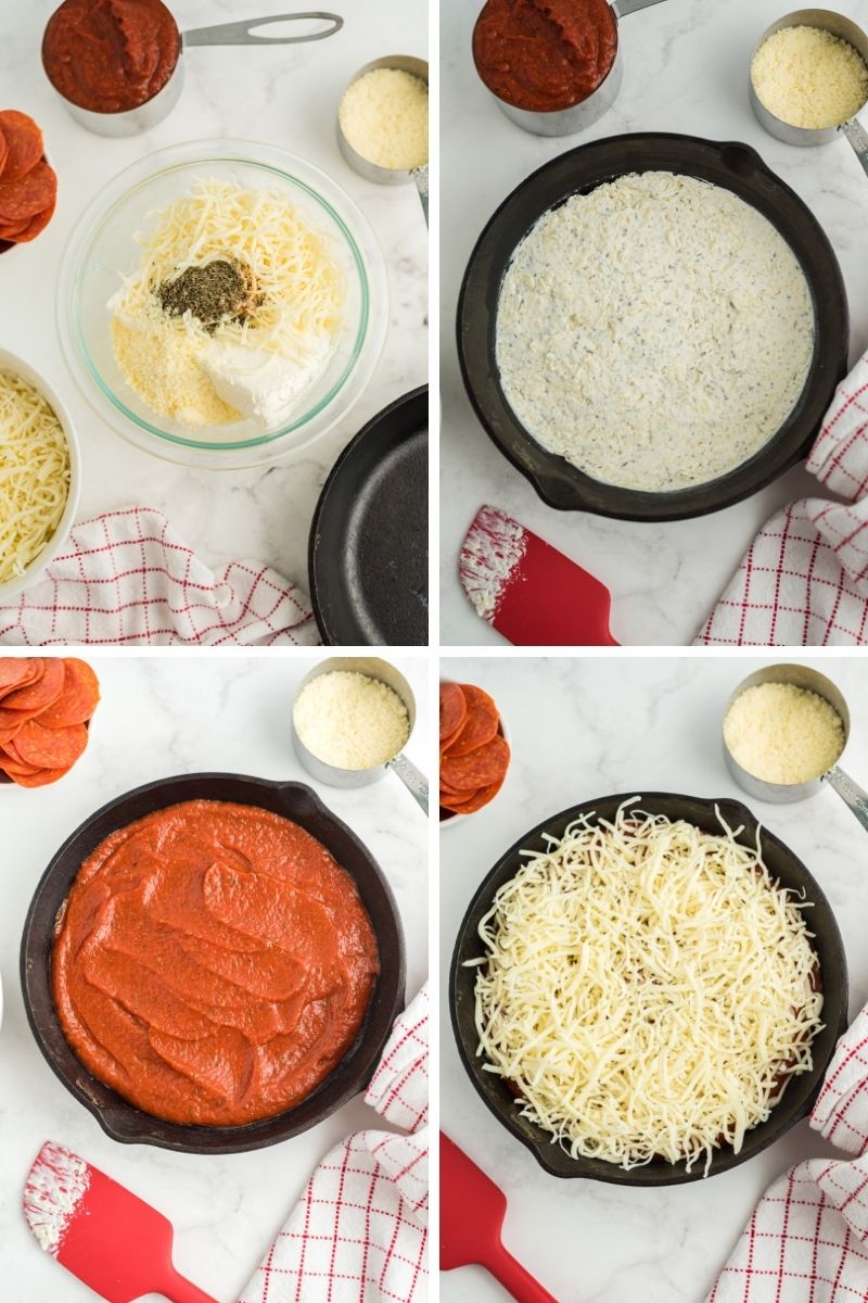 four photos: bowl with mozzarella, cream cheese and seasonings; mixture spread out on bottom of cast iron pan; topped with pizza sauce; topped with mozzarella cheese
