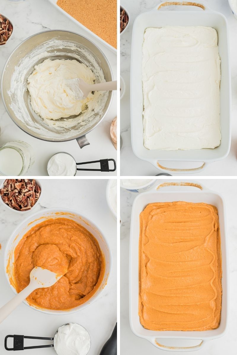 four photos: cream cheese mixture in mixing bowl; cream cheese mixture on bottom of white casserole dish; pumpkin puree in mixing bowl; pumpkin mixture spread evenly on top of white layer