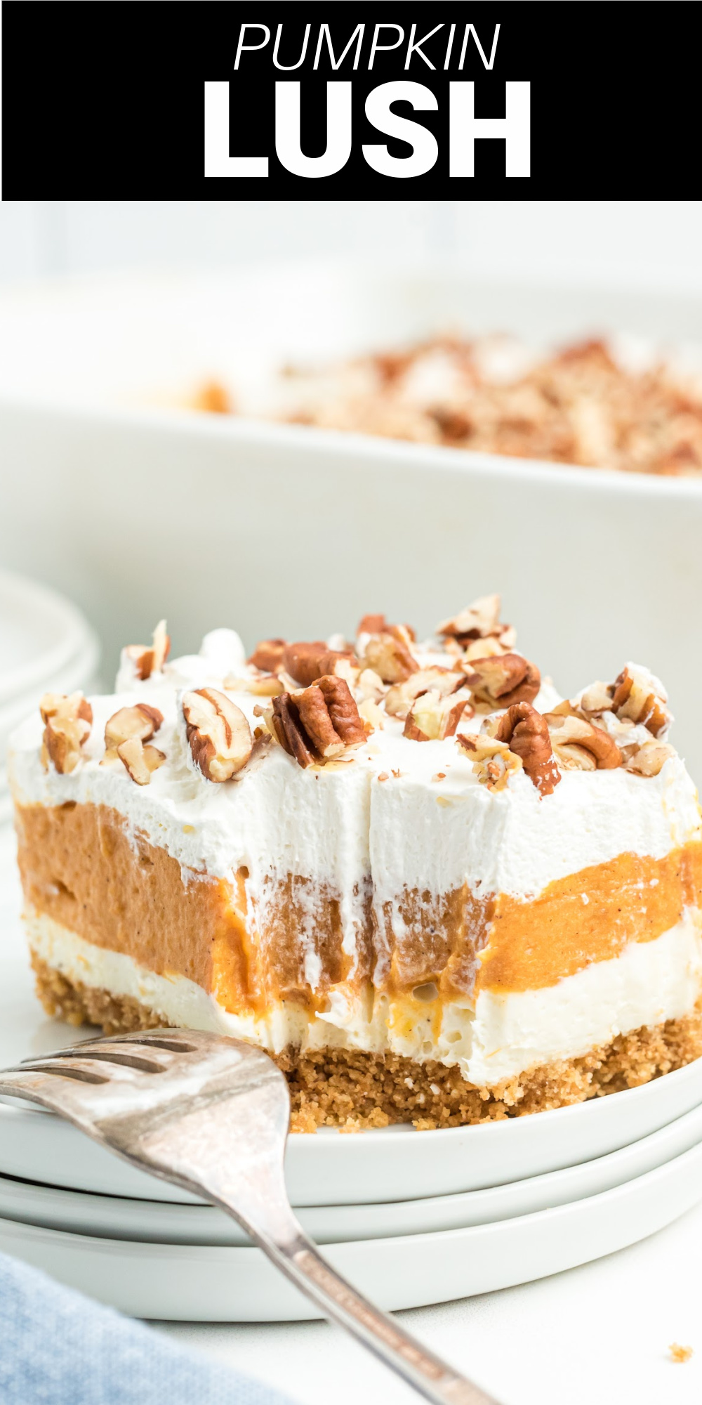 Pumpkin lush is an easy dessert with layers of cream cheese and whipped topping with a creamy pumpkin layer in between all on top of a homemade graham cracker crust.
