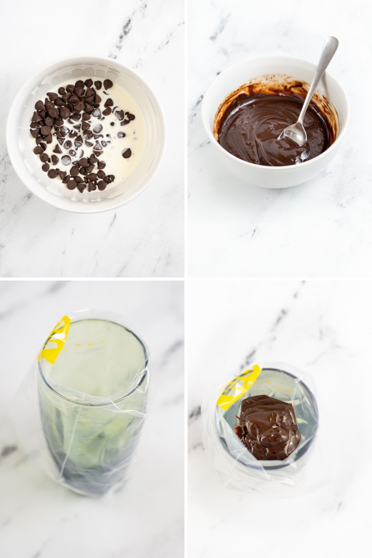 four steps: chocolate chips and cream in bowl, melted and spoon stirring it together; glass with zip top baggie in it; melted chocolate inside zip top baggie