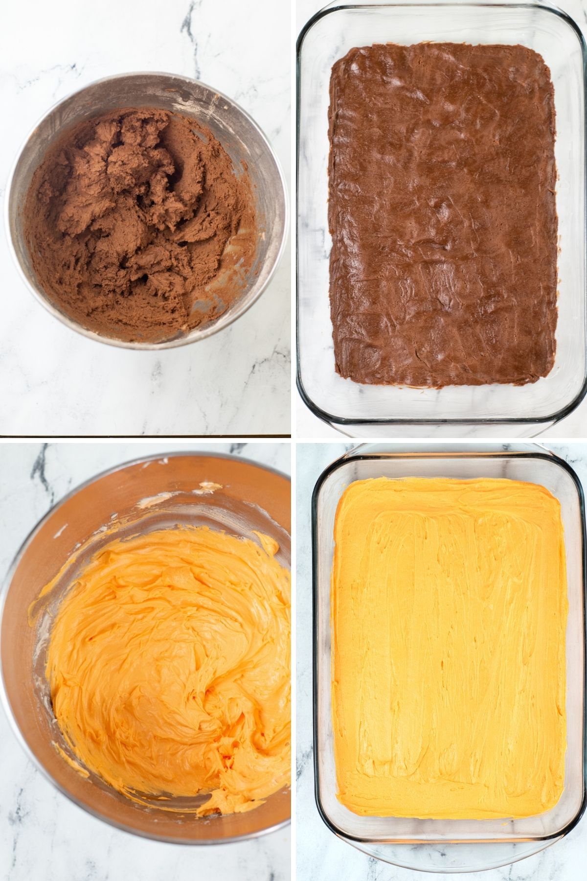 how to make steps: cookie ingredients mixed in metal bowl: baked in a clear 9x13 pan: orange buttercream mixed in metal bowl, spread on top of cookie in clear baking dish