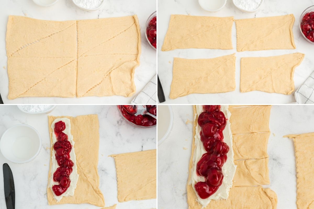 rolled out crescent dough, split into four rectangles, one rectangle with cream cheese and cherries on left side, one rectangle with slits on the right