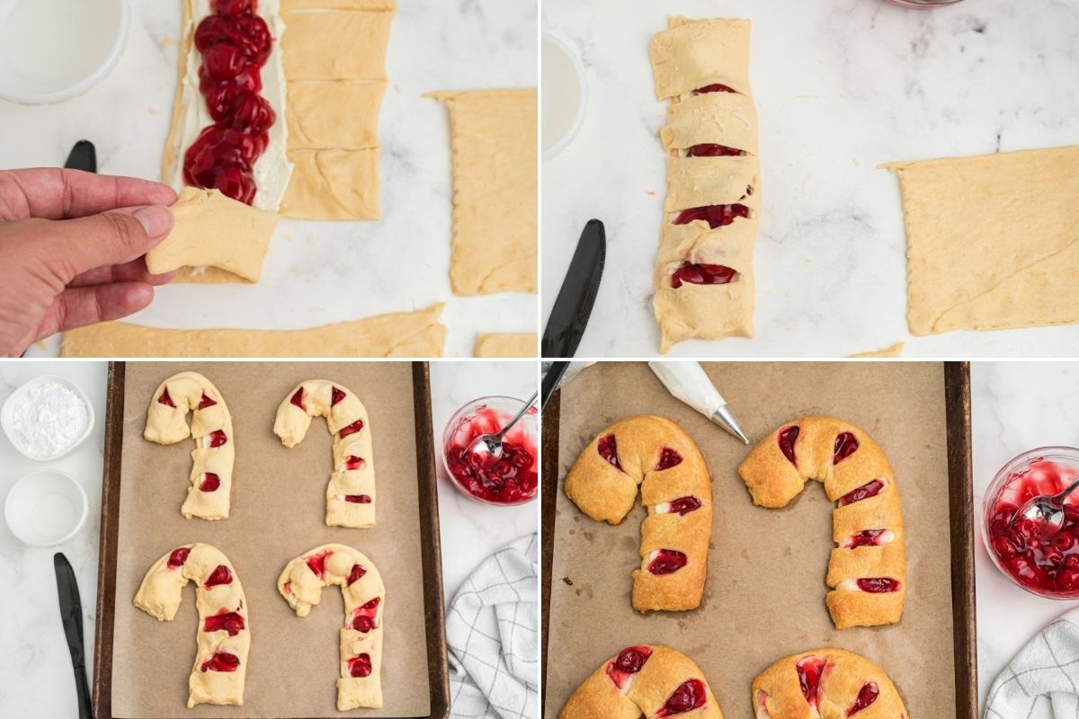 hand taking dough slice from the right and moving to the left; all dough slices covering the cherries; four candy cane danishes on baking sheet; baked candy cane danishes