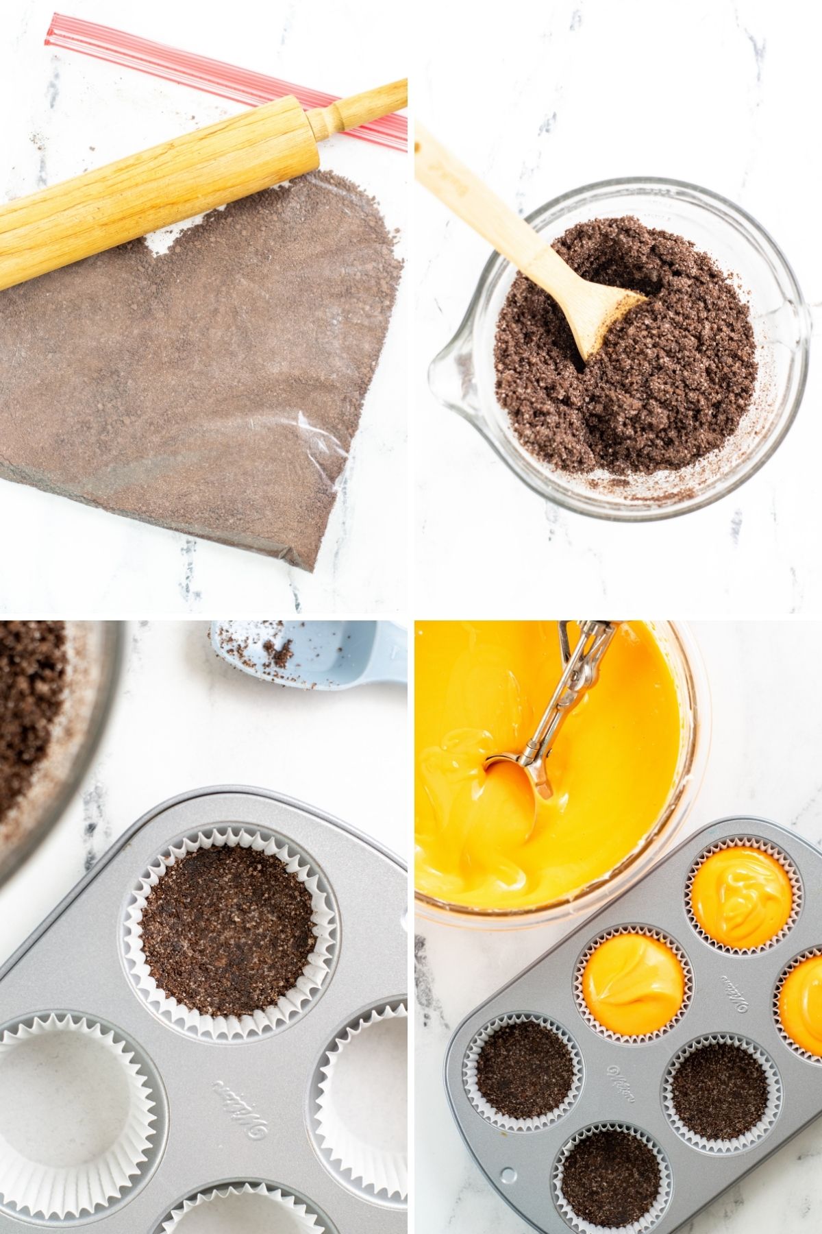 four pictures: gallon zipper baggie with chocolate crumbs and rolling pin; chocolate crumbs and melted butter; chocolate crumbs in the bottom of a cupcake liner; orange cheesecake filling with cookie scoop and placed on top of cookie crumbs