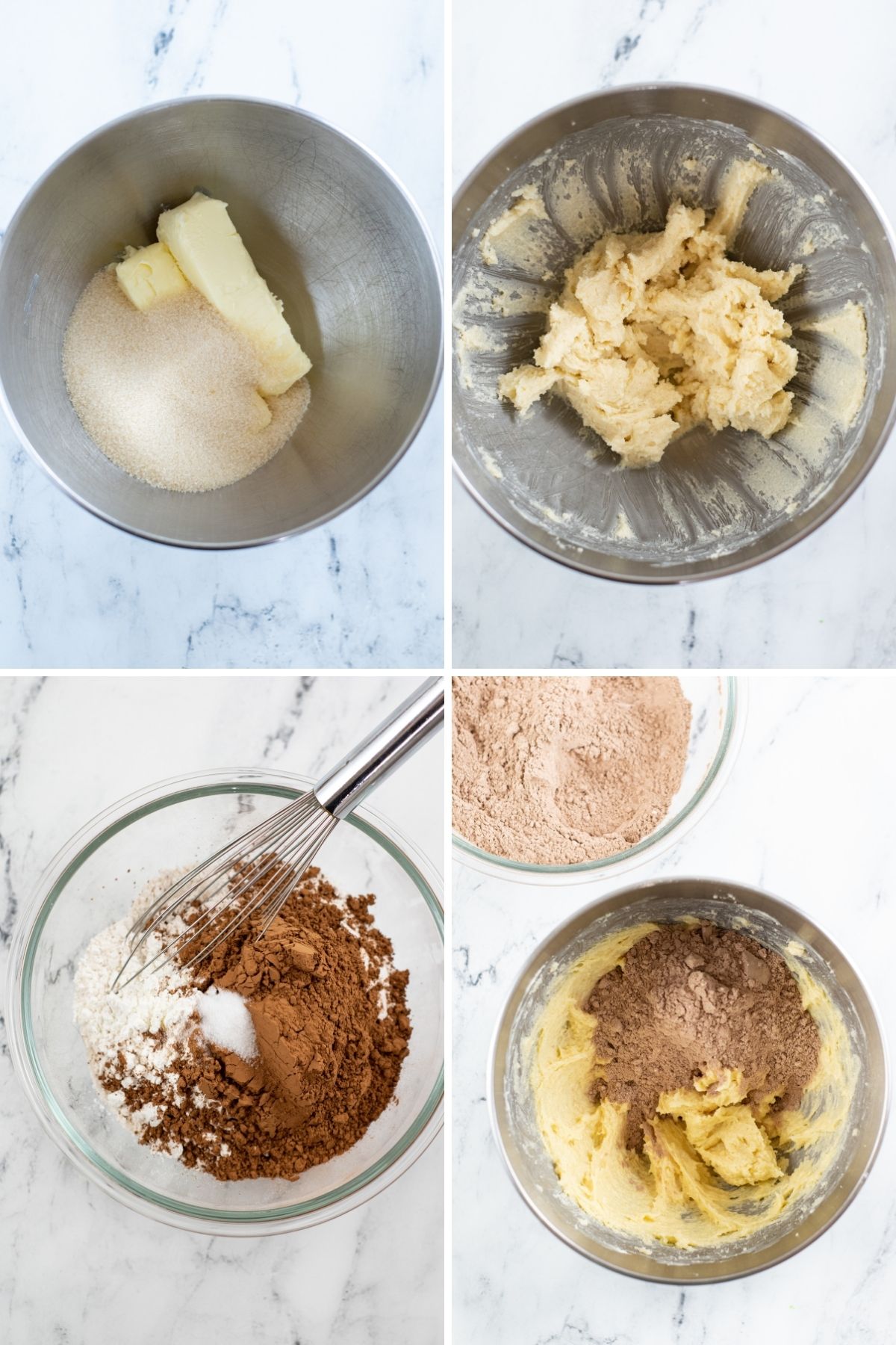 butter and sugar in mixing bowl, stirred together; cocoa powder and other ingredients; cocoa mixture and flour mixture together in bowl