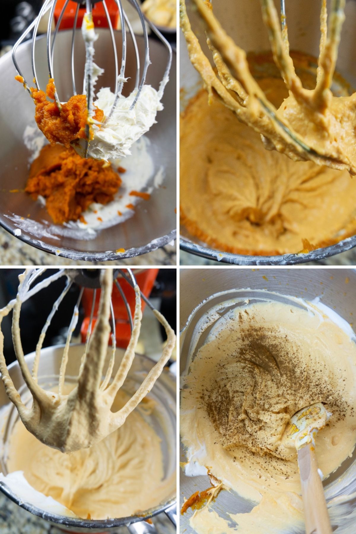 four photos: all ingredients in mixing bowl, whisk mixing; lighter color after mixing, pumpkin pie spice in bowl with mixture and spatula