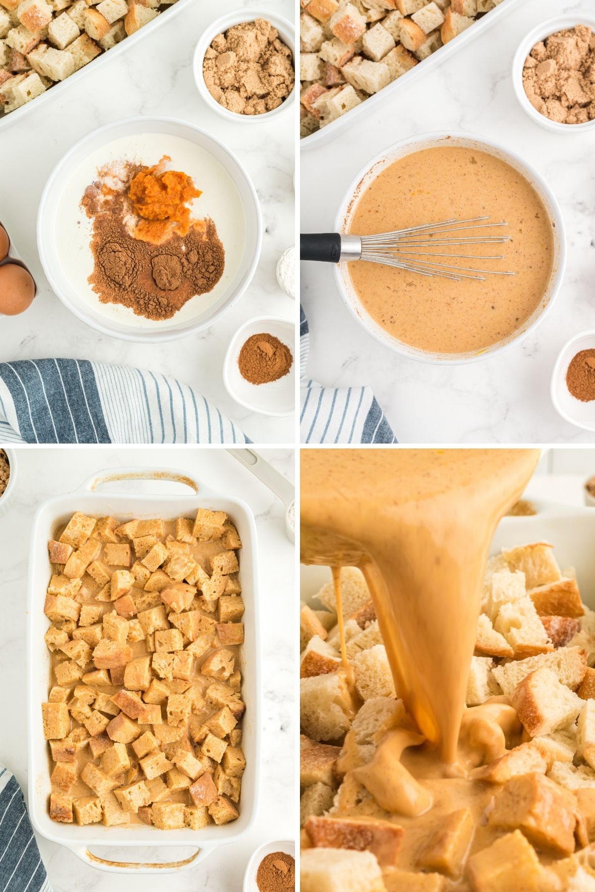 four photos: mix seasonings and cream, whisk in bowl; casserole dish with cubed bread, pour on casserole dish  
