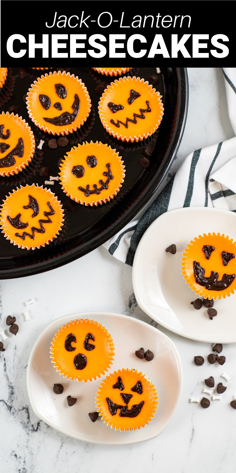 Mini Jack-o-lantern cheesecakes are such a fun and sweet treat for Halloween. With a graham cracker crust and a creamy center, there is no way that you're going to be able to stop at just one! 