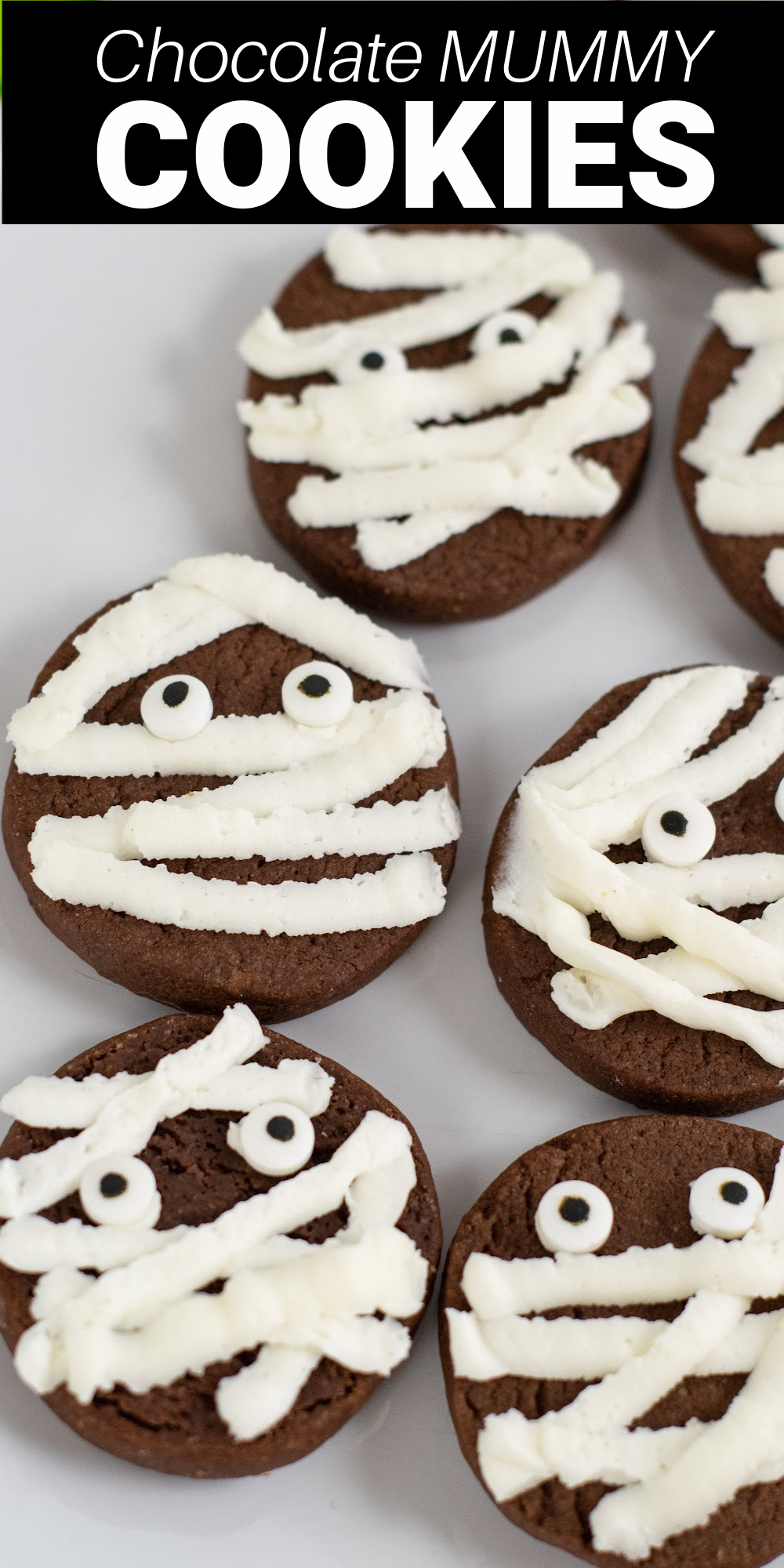 These mummy cookies are as easy to make as they are cute! The chewy chocolate cookie base is topped with strips of creamy buttercream frosting making the cutest Halloween treats. 