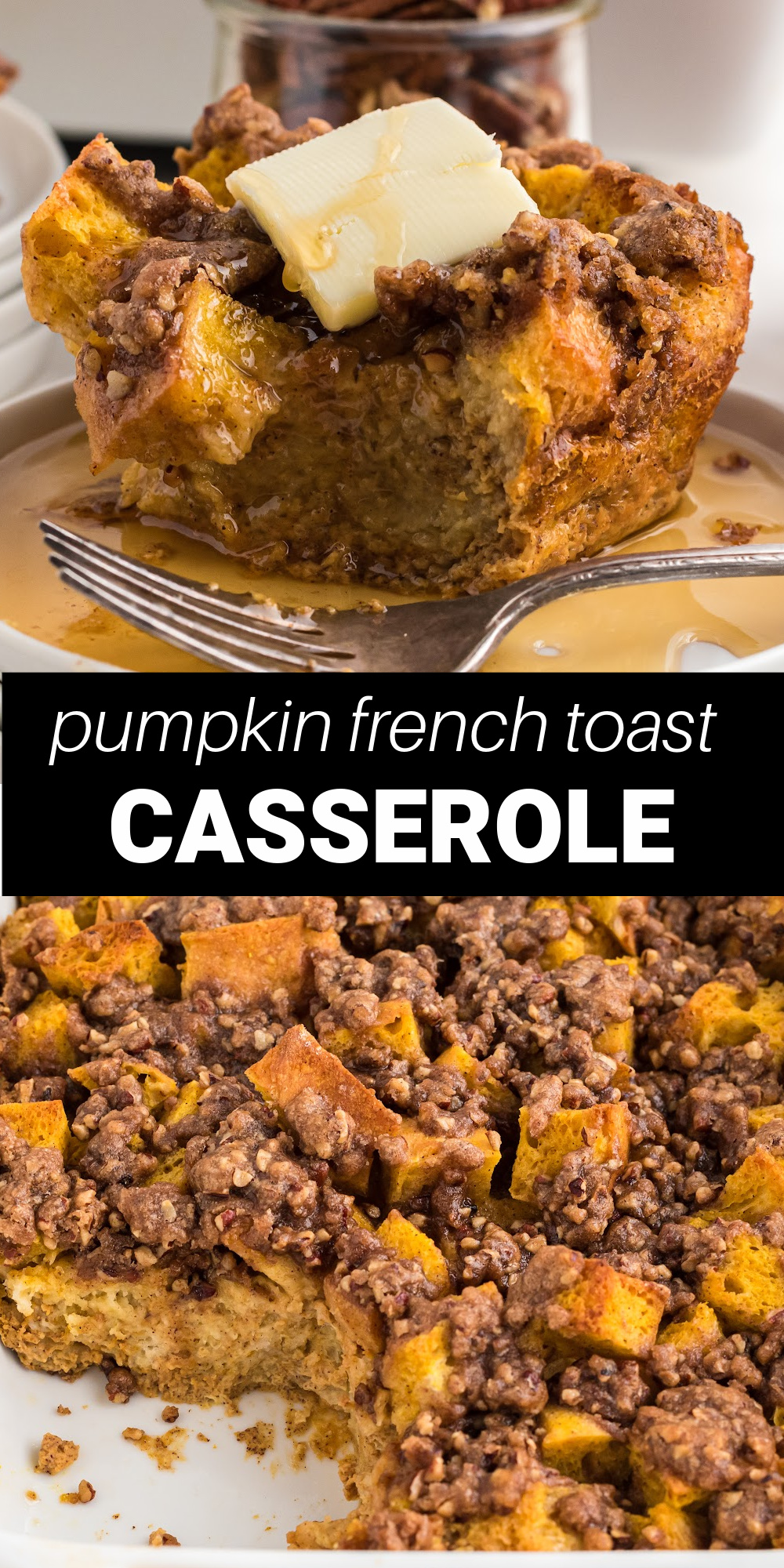 Pumpkin French Toast Casserole is delicious twist on the classic breakfast dish that's perfect for fall. French bread is immersed in heavy cream, brown sugar, pumpkin puree and warm pumpkin pie spices, then topped a sugary pecan mixture that's makes a breakfast dish worthy of any holiday.