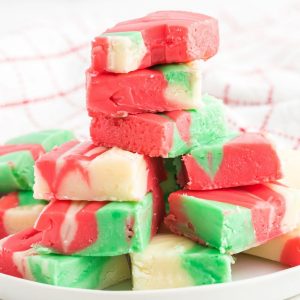 red, green, white fudge squares stacked