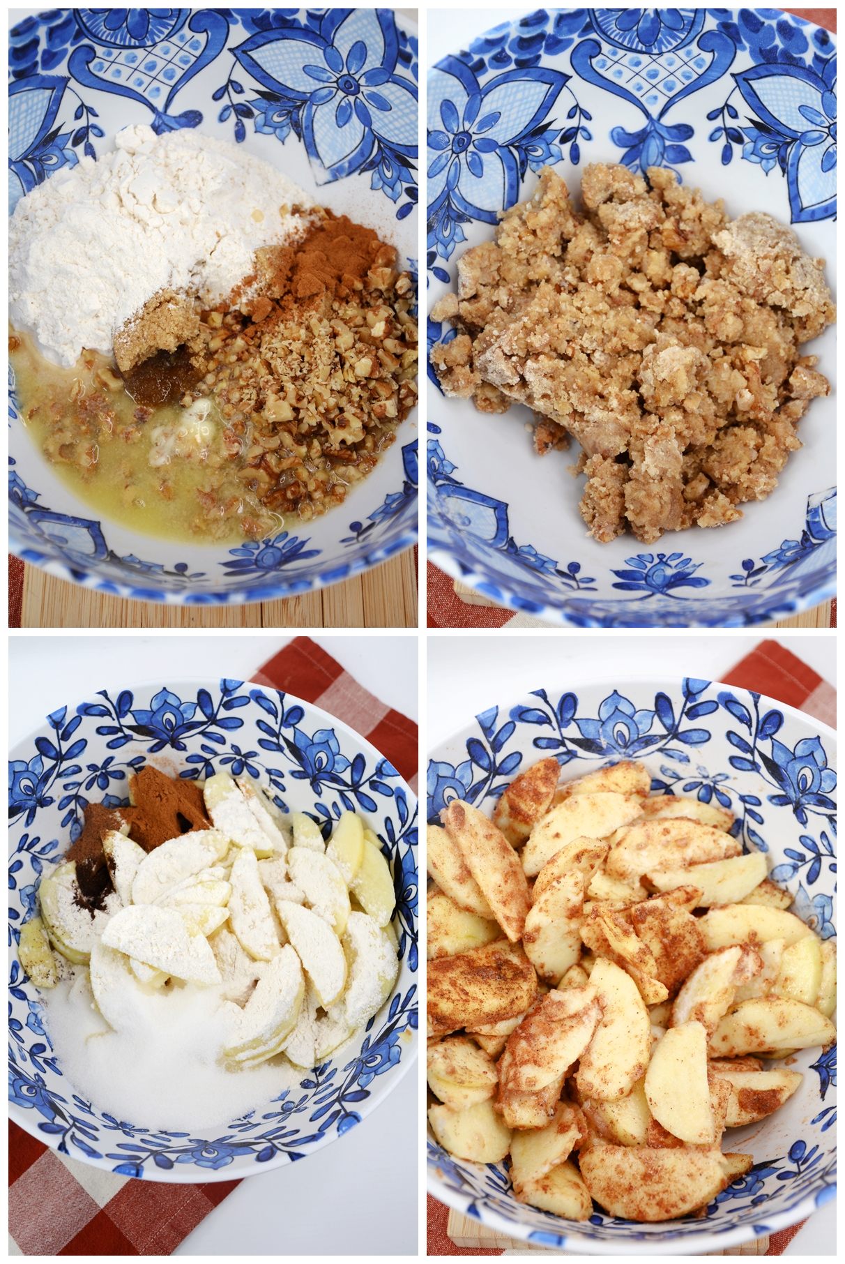 Apple crumble pie procedure in photos. Mixing all ingredients of sliced apples, lemon juice, flour, cloves, nutmeg, cinnamon, sugar, and vanilla together in a bowl before baking them.