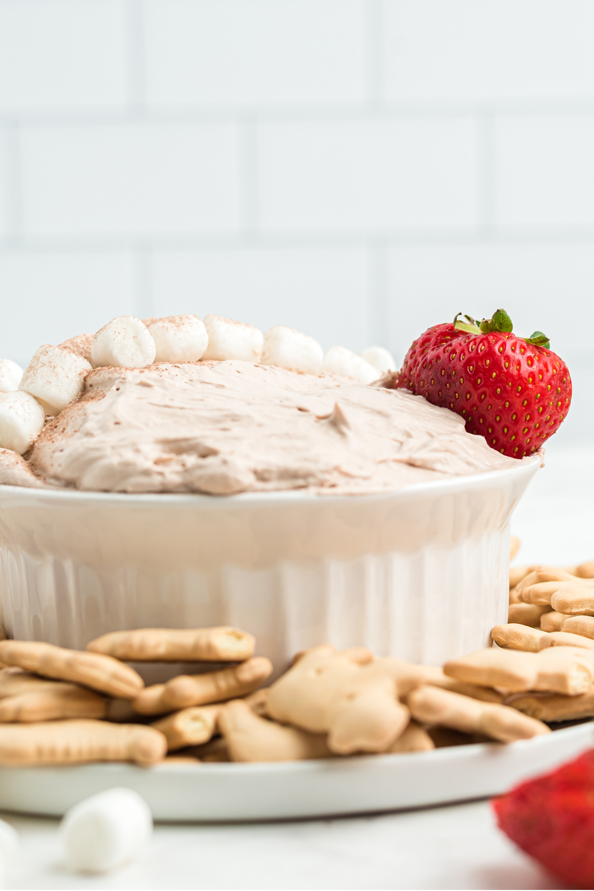 Hot chocolate dip on a ramekin with garnishes or strawberries, mini marshmallows, and biscuits