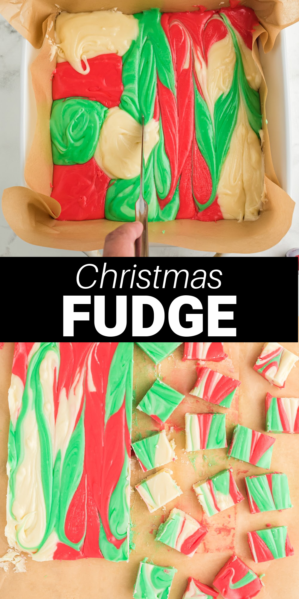 This 3-ingredient Christmas fudge is an easy and colorful sweet treat for the holiday season. This white chocolate fudge is made with vanilla frosting with makes is extra creamy. It's perfect for a holiday party or serve as a simple dessert.