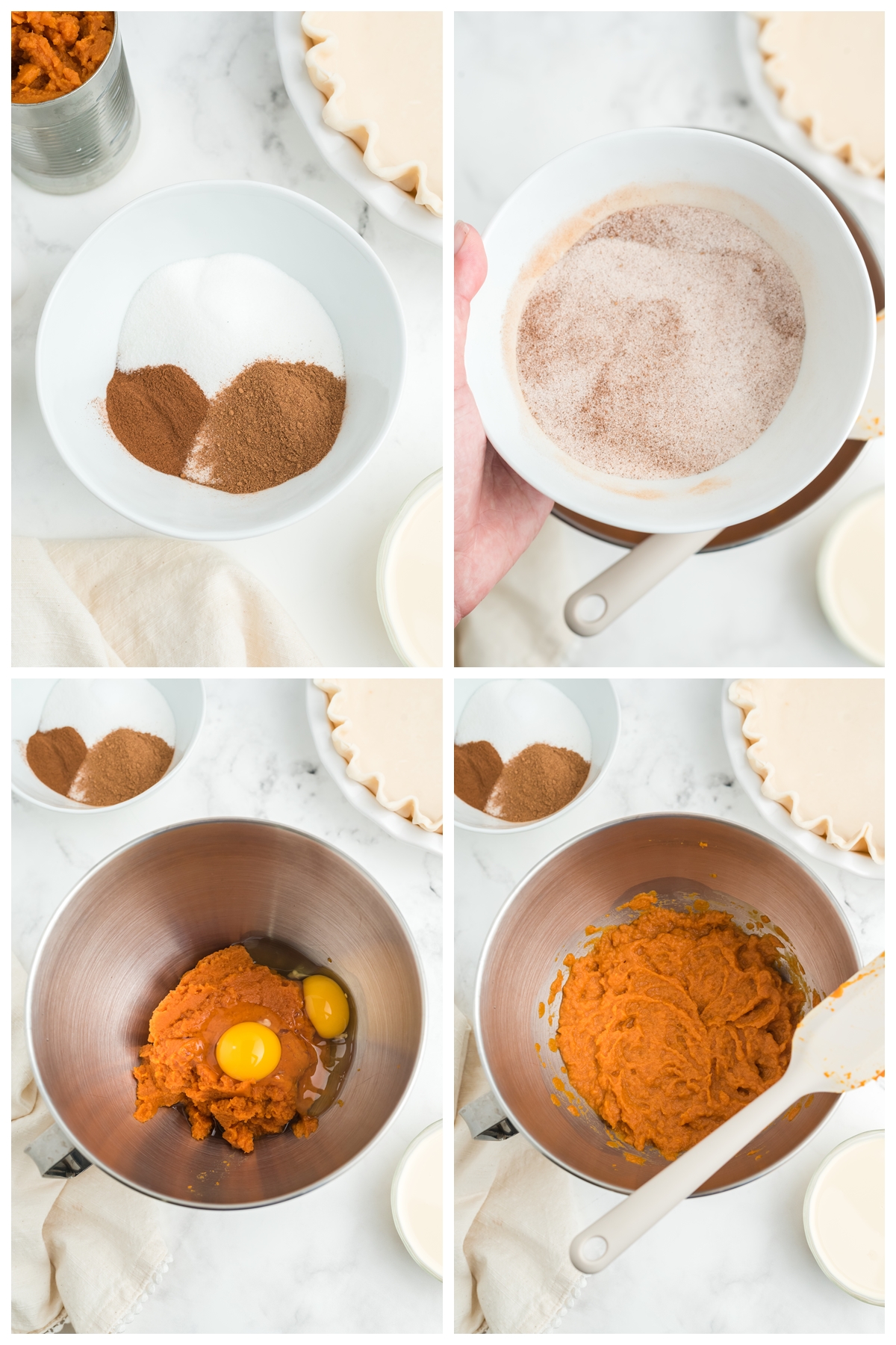 Procedure of making a pumpkin pie recipe. Mixing the ingredients until smooth.