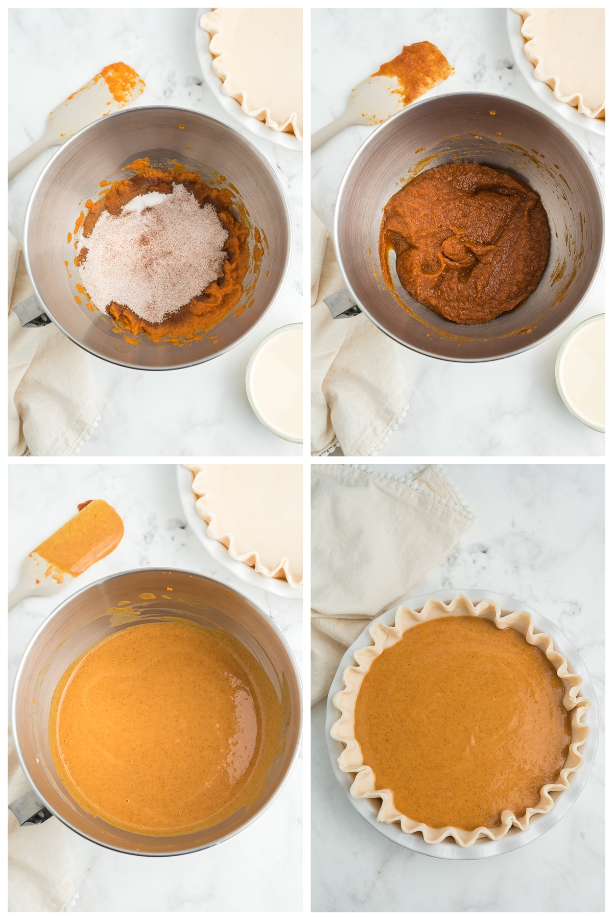 Procedure of making a classic pumpkin pie. Mixing all ingredients in a bowl until 