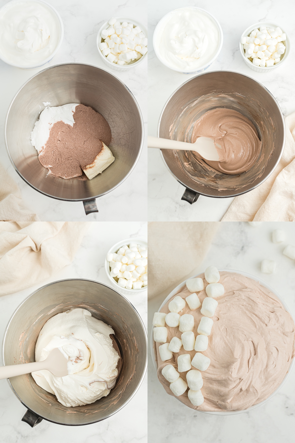Procedure on making a hot chocolate dip. Mixing the ingredients such as marshmallow fluff, cream cheese, and cocoa powder until smooth.