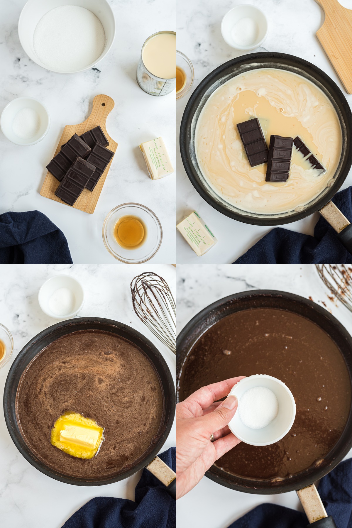 Process of making a hot fudge chocolate sauce. Melting the butter and chocolate, adding salt, whisking it until smooth.