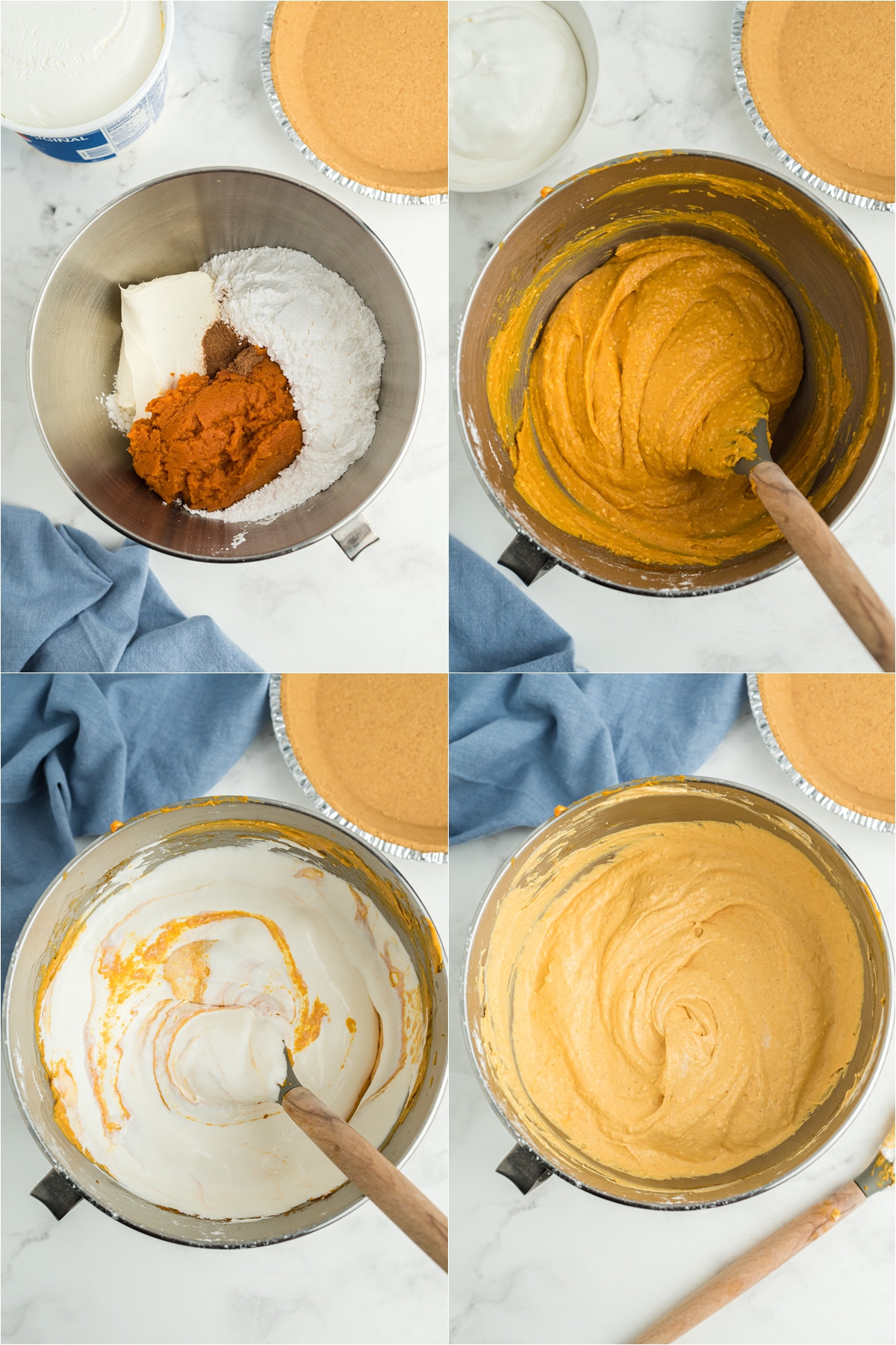 Ingredients and process of creating a Cool whip pumpkin pie. 