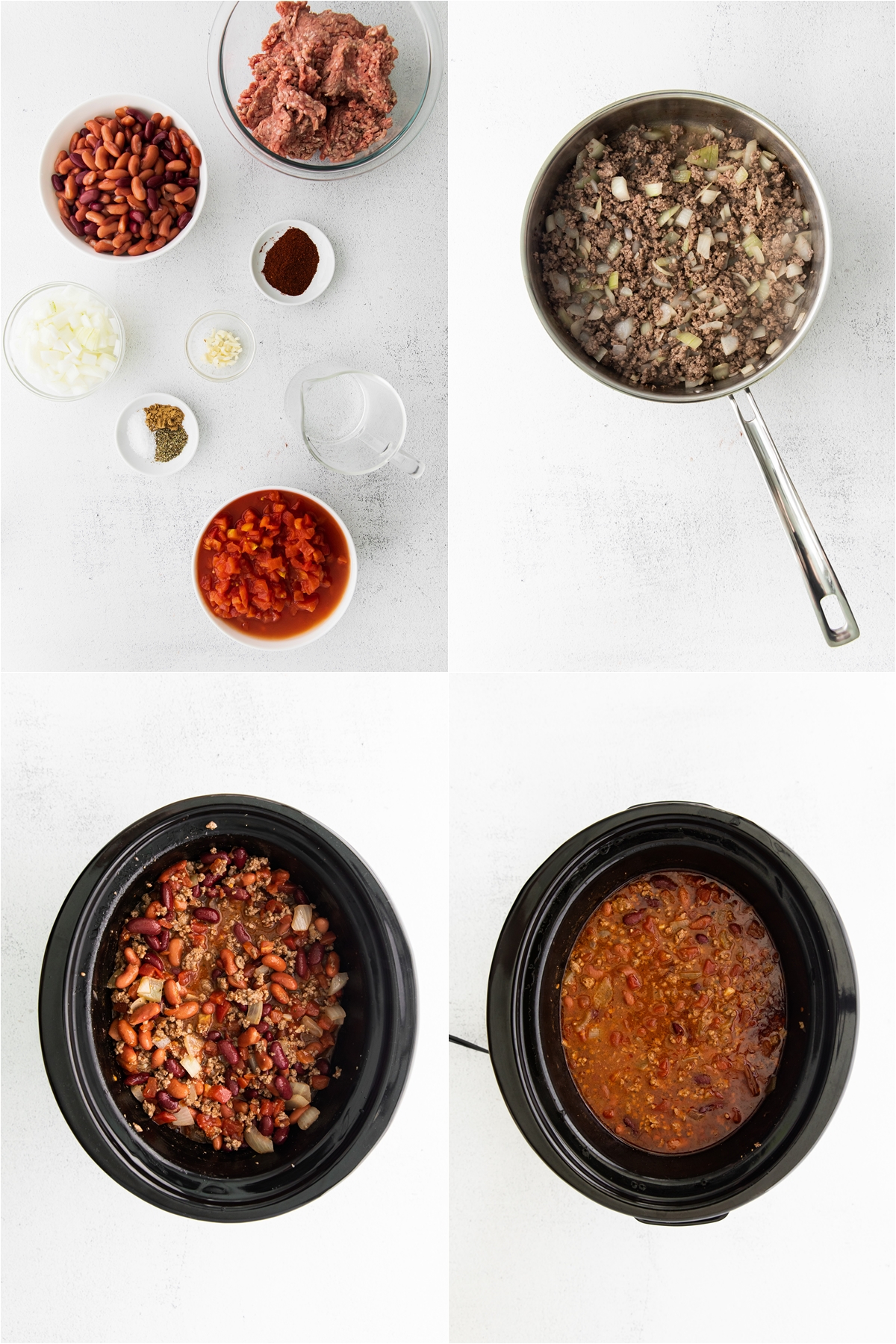 Process of Easy Slow Cooker Chili recipe with ground beef, chopped onions, and minced garlic on a skillet.