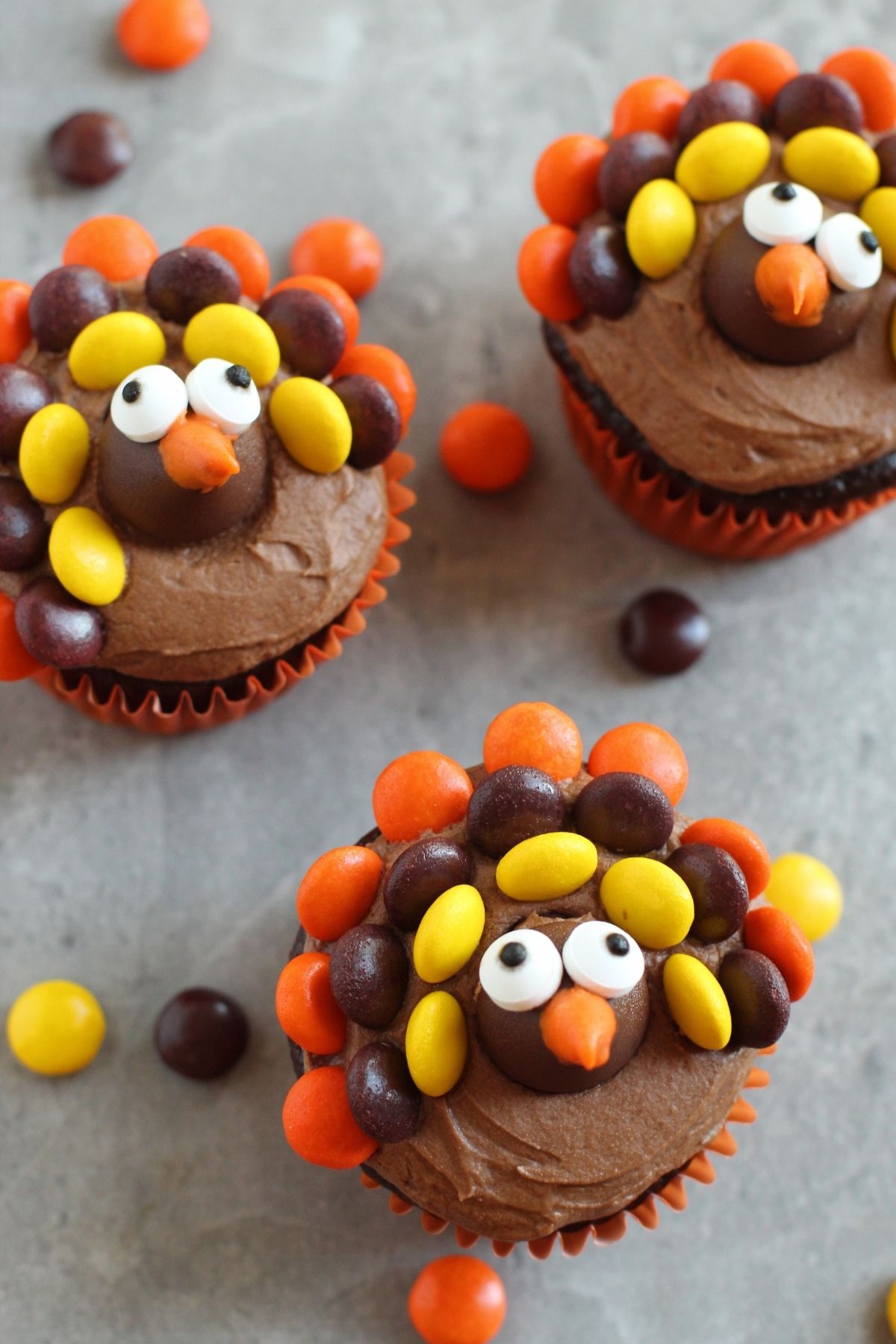 three cupcakes with brown frosting and Reece's pieces as feathers