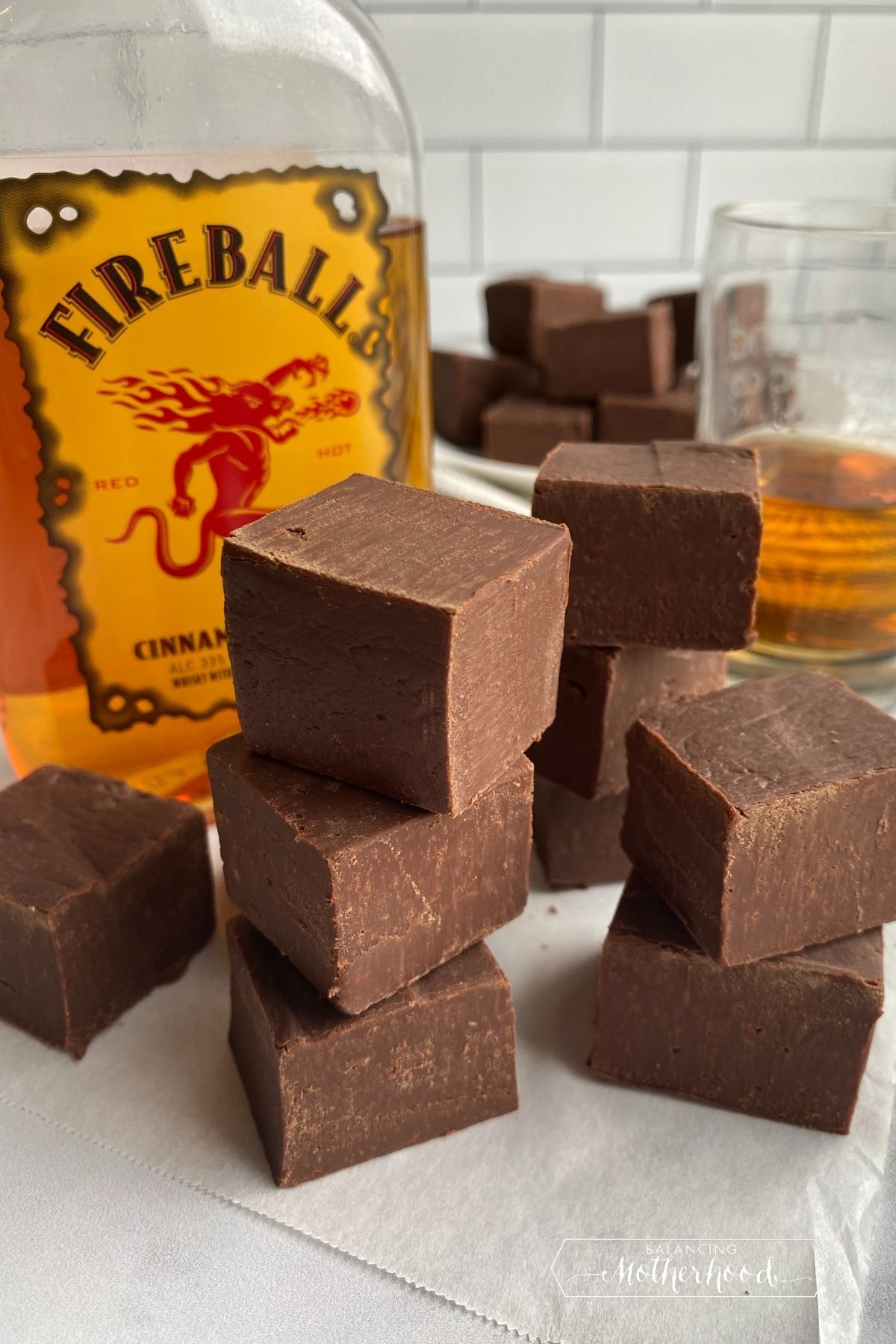 chocolate fudge stacked next to Fireball whisky