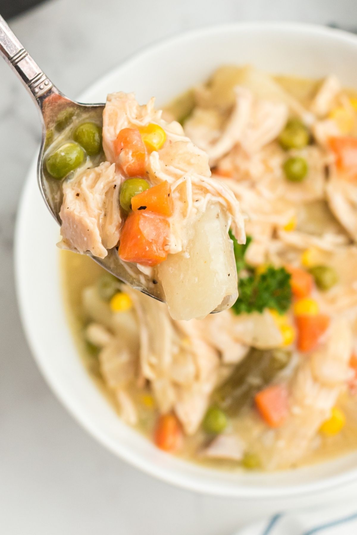 close up of chicken and vegetables on spoon