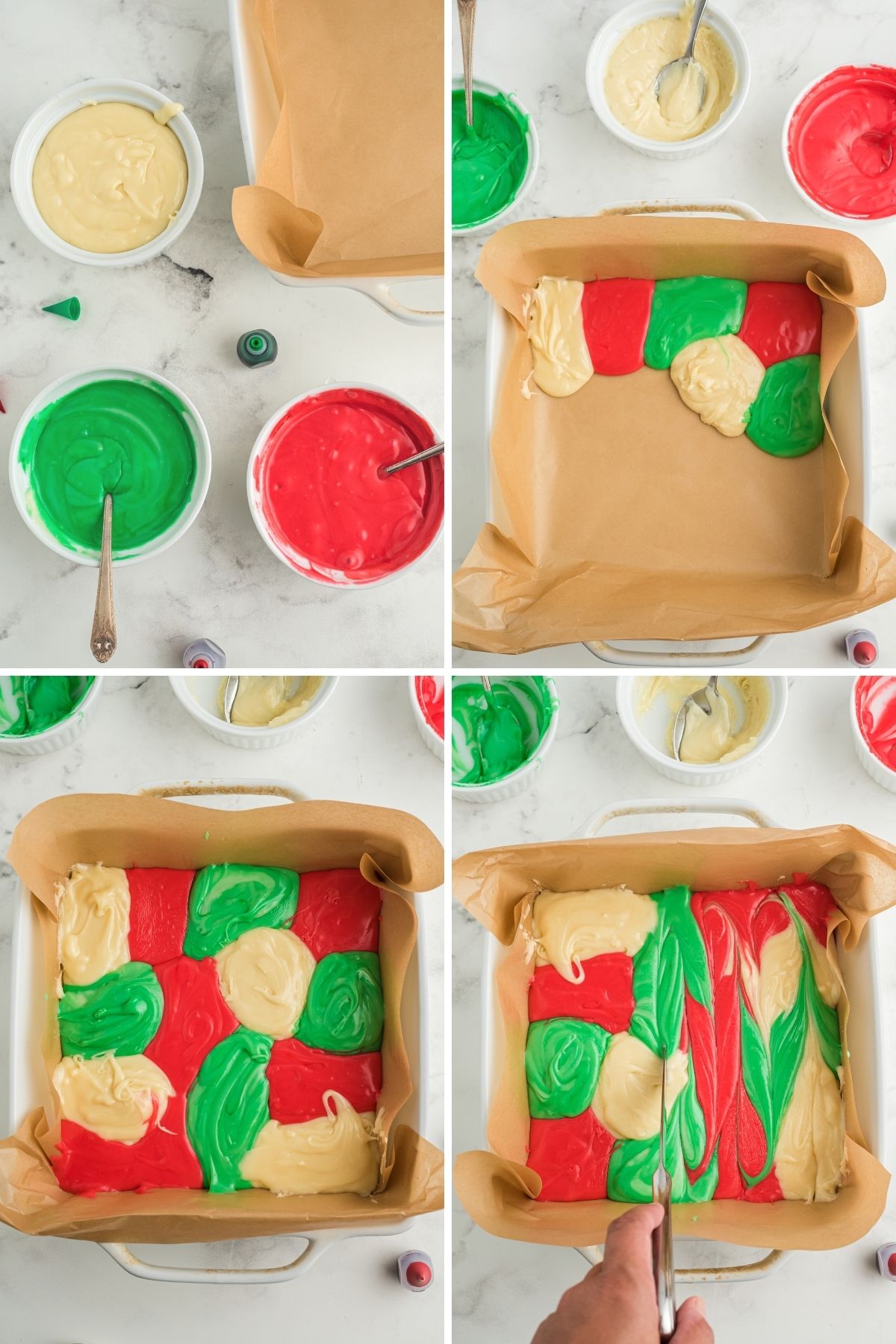 four photos: white bowls with chocolate mixture, one is white, one is green, one is red; blobs of each color are on the bottom of a baking pan; bottom of baking pan is filled with different colors of the mixture; knife being drug through the colors to make a marble effect
