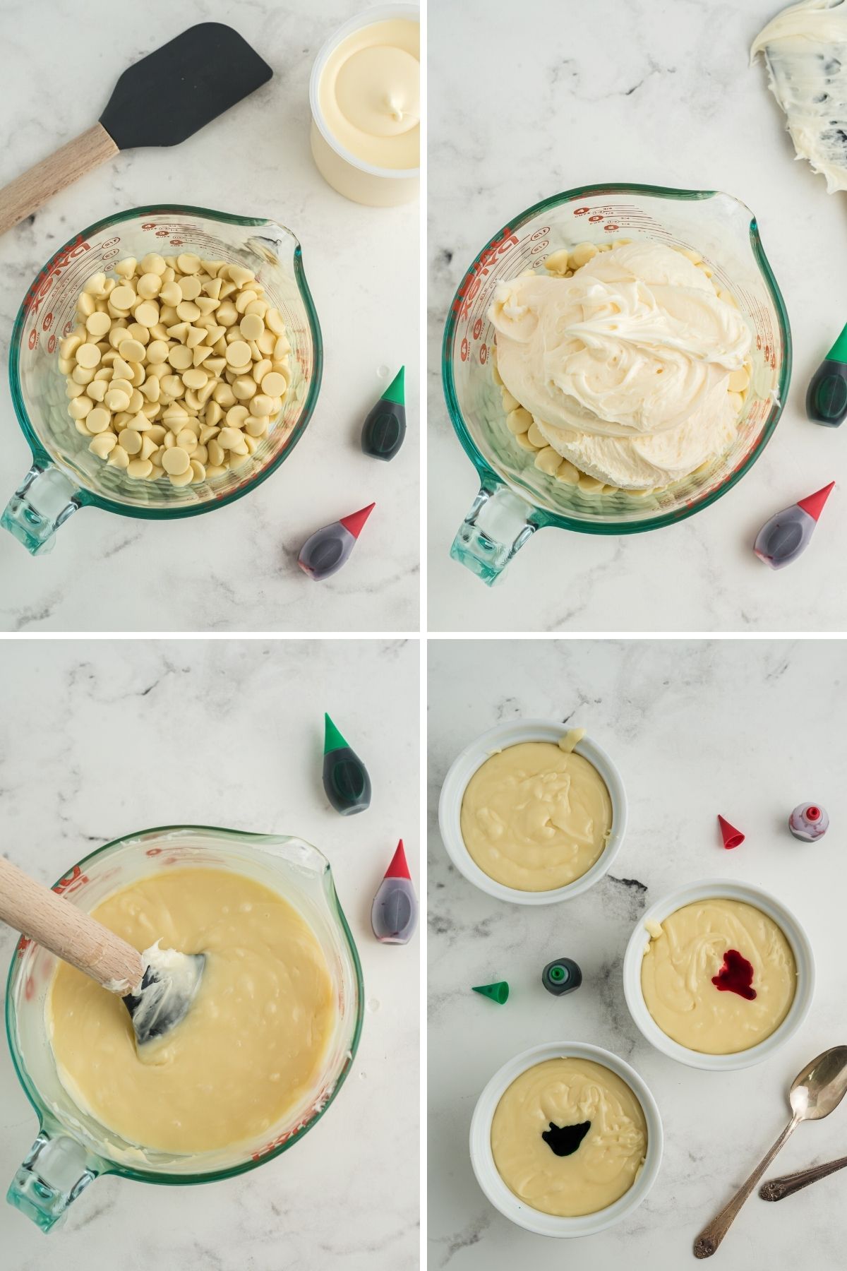 four photos : measuring cup with white chocolate chips; frosting added on top of the chips in cup; spatula sticking out of melted mixture; three white bowls with chocolate mixture, two with food coloring in them