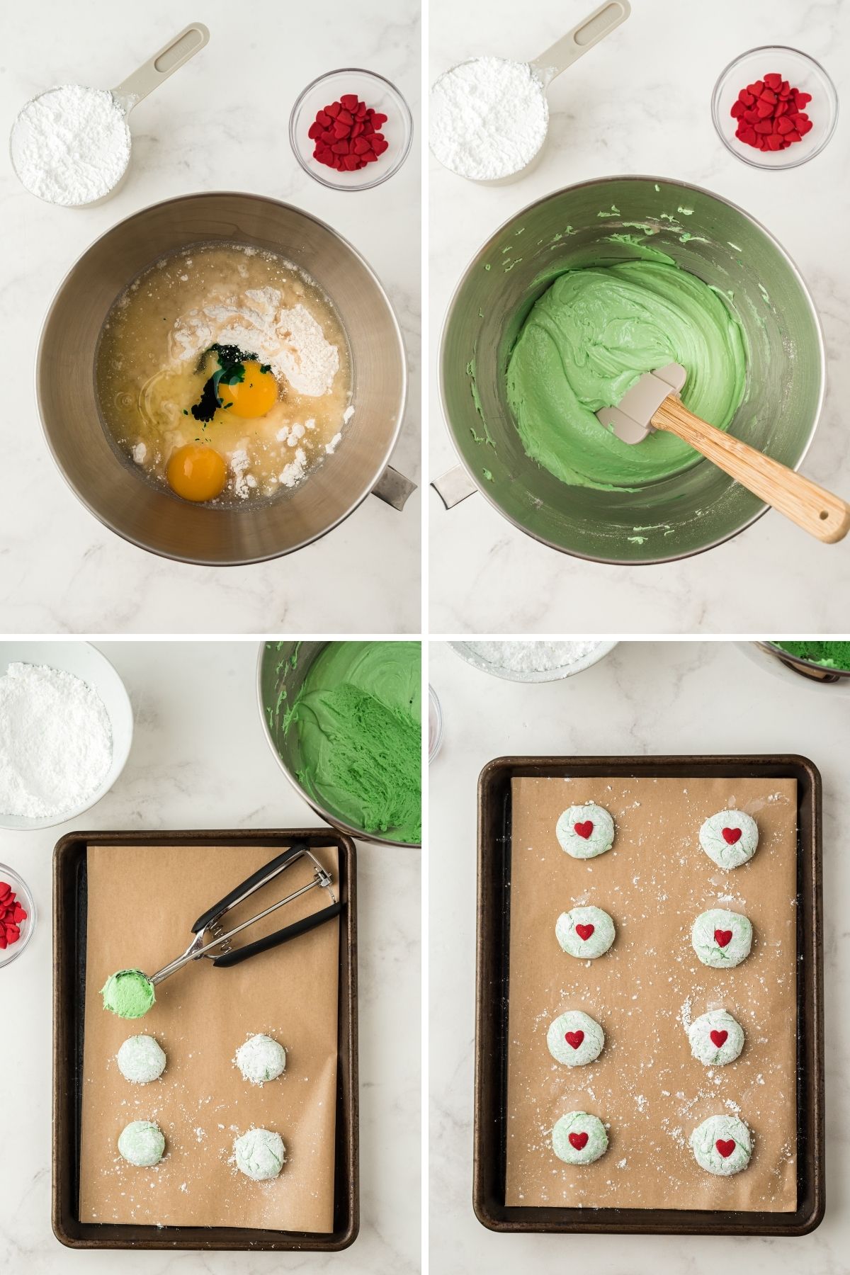 four steps: bowl with ingredients and raw eggs and green food coloring; bowl with green mixture; sheet pan with parchment and four cookies and a cookie scoop; baking sheet with cookies lines up with a heart sprinkle in the center