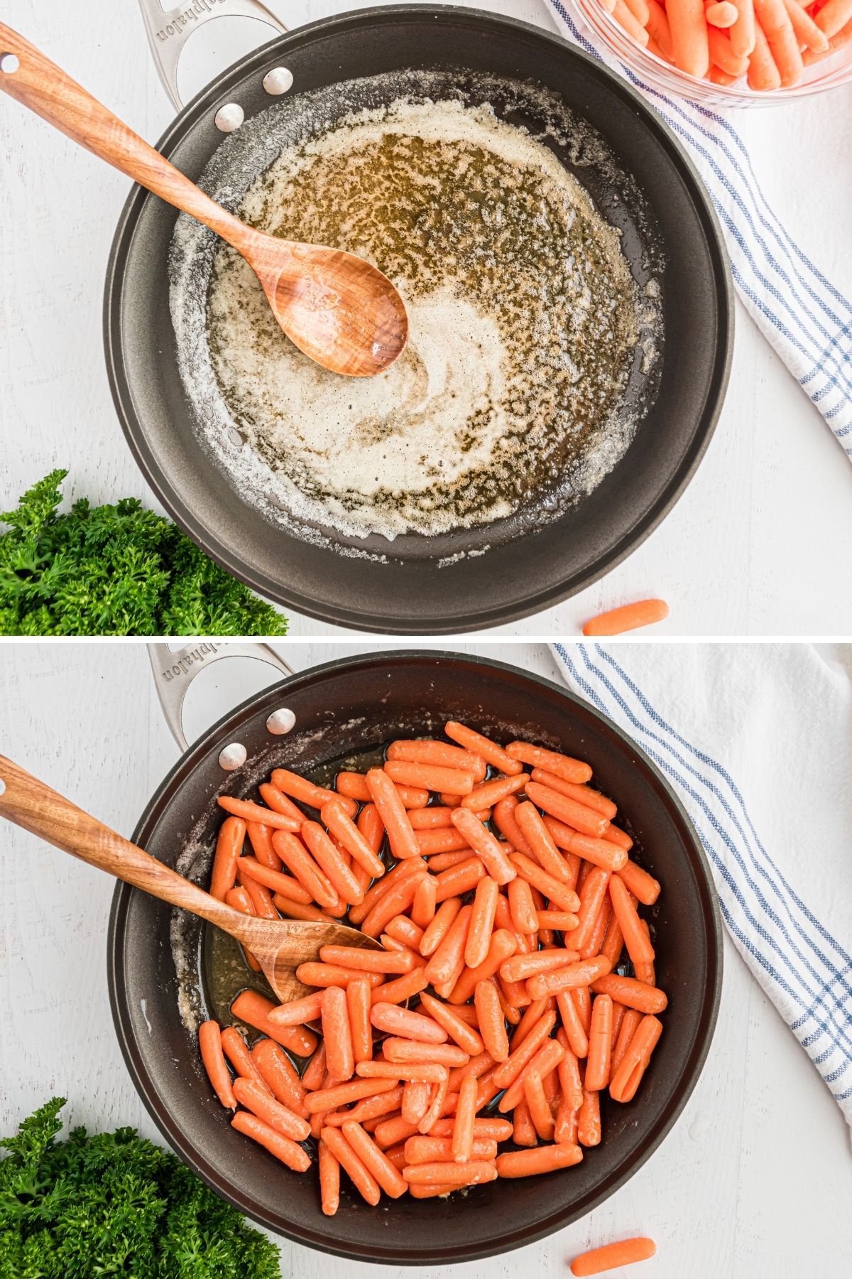 two pans: first with butter and brown sugar; second with added baby carrots and a wooden spoon