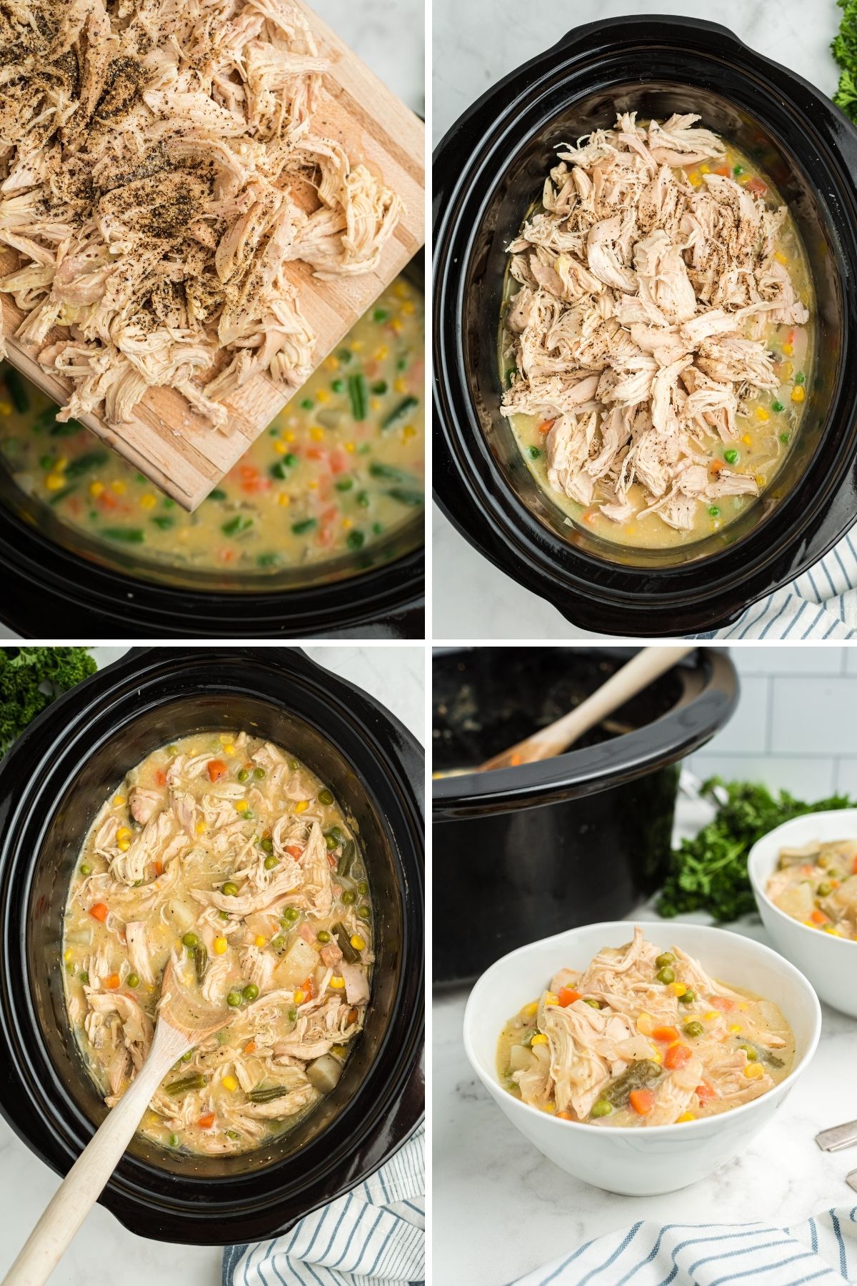 four photos of process: cutting board with shredded chicken; shredded chicken in crockpot; wooden spoon stirring mixture; bowl of chicken pot pie next to crockpot