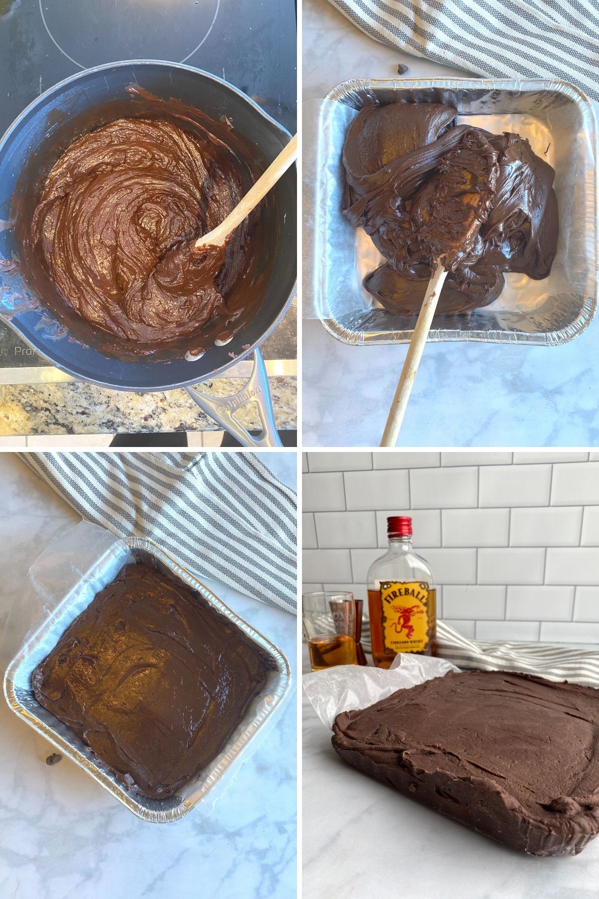 four pics: melted chocolate in bowl with spoon; fudge mixture being spread in square pan with wax paper; smoothed out fudge in pan; large block of fudge on counter (removed from pan)